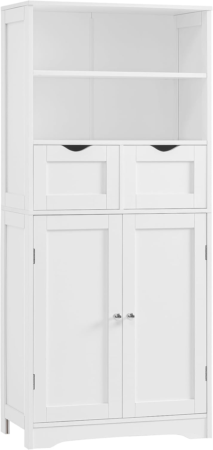 Iwell Tall Storage Cabinet with 2 Adjustable Shelves & Large Drawer, Rattan Cabinet with 4 Doors, Pantry Cabinets for Dining Room, Living Room, Home Office, Natural