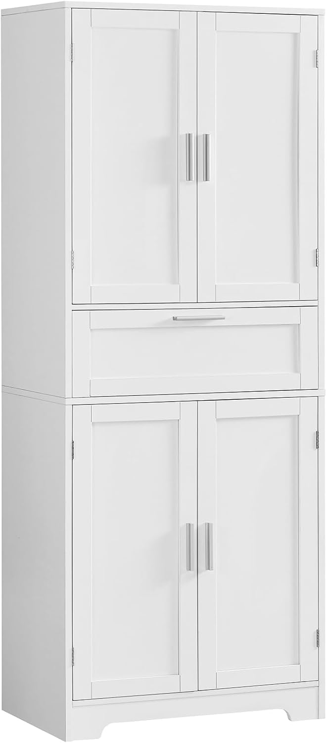 Iwell Tall Storage Cabinet with 2 Adjustable Shelves & Large Drawer, Rattan Cabinet with 4 Doors, Pantry Cabinets for Dining Room, Living Room, Home Office, Natural