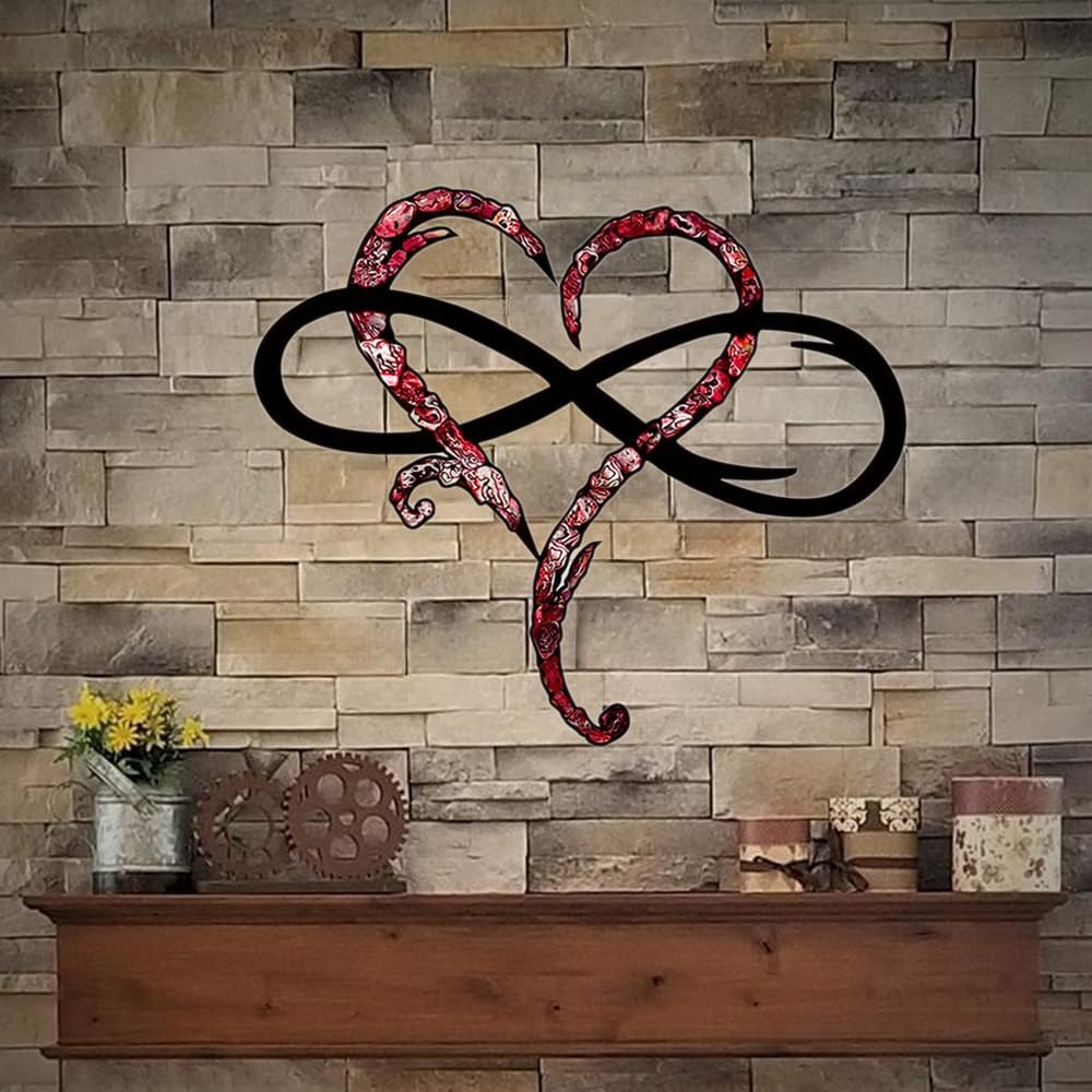 Infinity Heart Wall Decor, Unique Infinity Heart Metal Wall Art Decor Love Sign Steel Wall Plaques Bedroom Ornaments for Home Wedding Decor, Room Living Room Decoration (Red Black, 23.6x20.6inch)