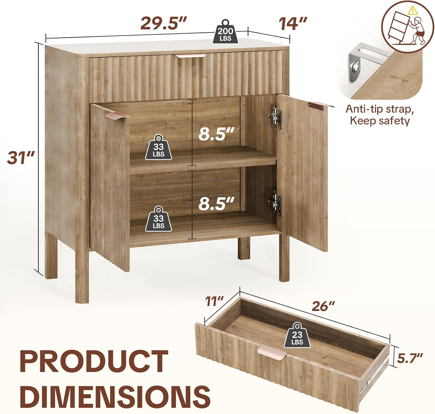 Sideboard Buffet Cabinet with Storage - Modern Fluted Credenza with Doors & Drawer, Accent Cabinet Coffee Table Bar Counter Bookcase for Living Room Kitchen Dining Room Entryway 31" H Oak