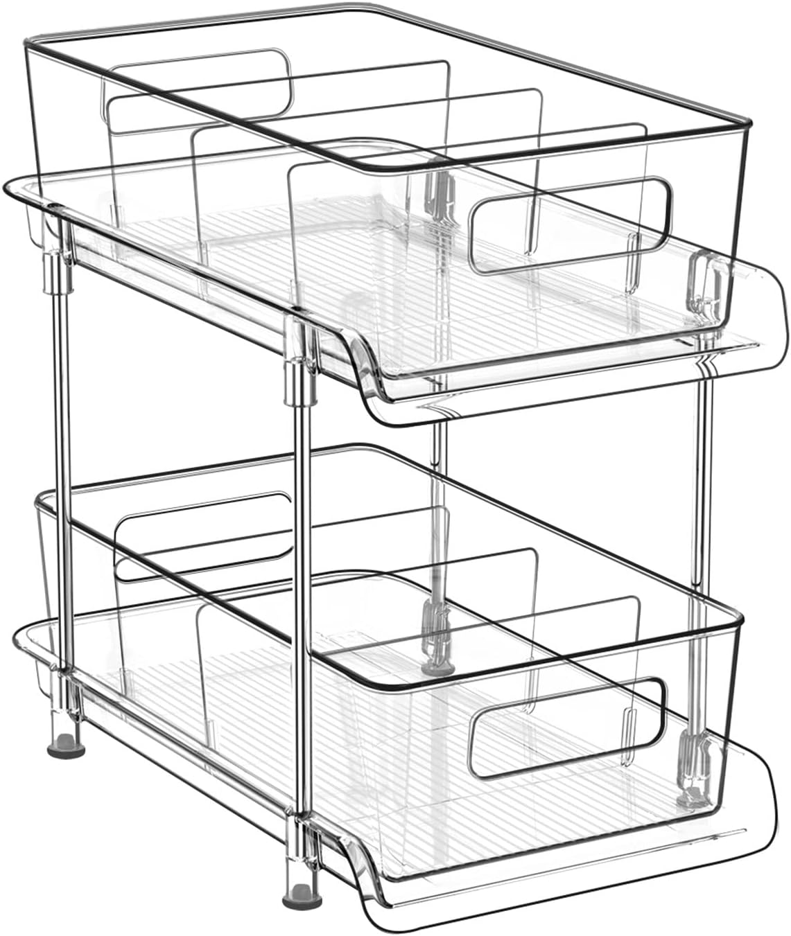 HIHEGD 2-Tier Bathroom Organizer with Dividers, Clear Under Sink and Pull-Out Cabinet Organizer for Kitchen and Pantry Storage