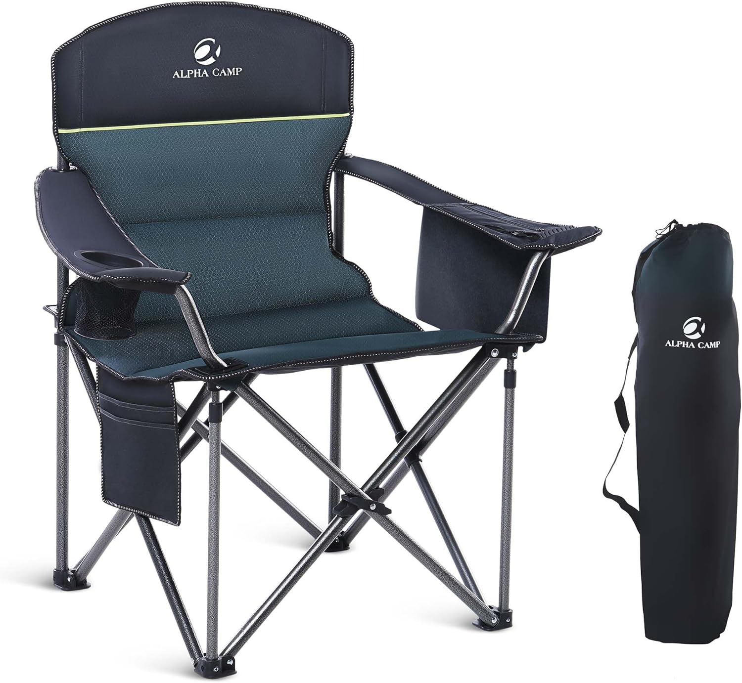 LET'S CAMP Folding Camping Chair Oversized Heavy Duty Padded Outdoor Chair with Cup Holder Storage and Cooler Bag, 450 LBS Weight Capacity, Thicken 600D Oxford,2 Pack