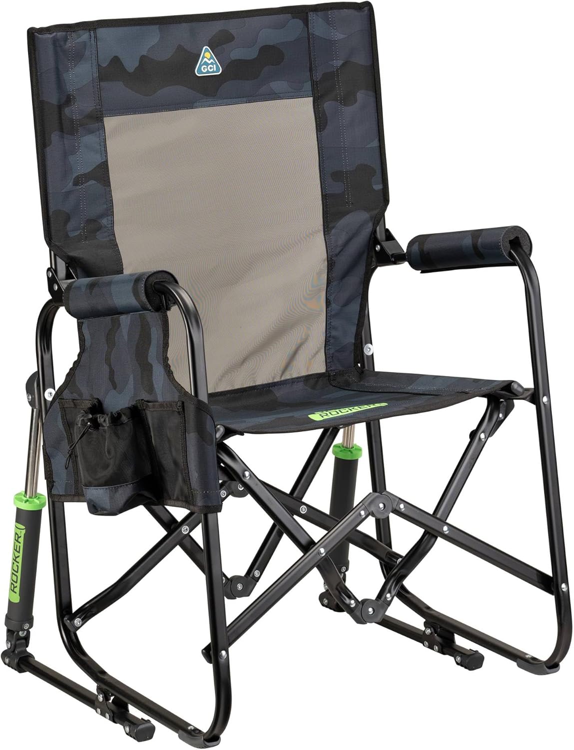GCI Outdoor Freestyle Rocker XL with Side Table Camping Chair | Portable Folding Rocking Chair with Solid, Durable Armrests, Drink Holder & Comfortable Backrest — Black
