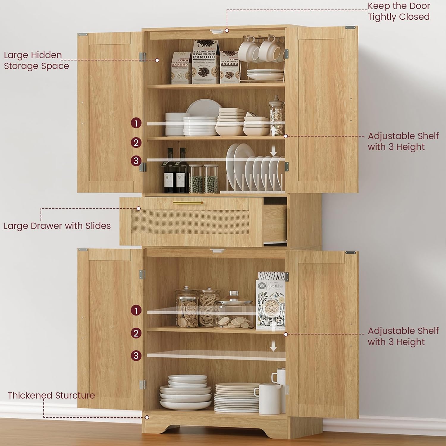 Iwell Tall Storage Cabinet with 2 Adjustable Shelves & Large Drawer, Rattan Cabinet with 4 Doors, Pantry Cabinets for Dining Room, Living Room, Home Office, Natural