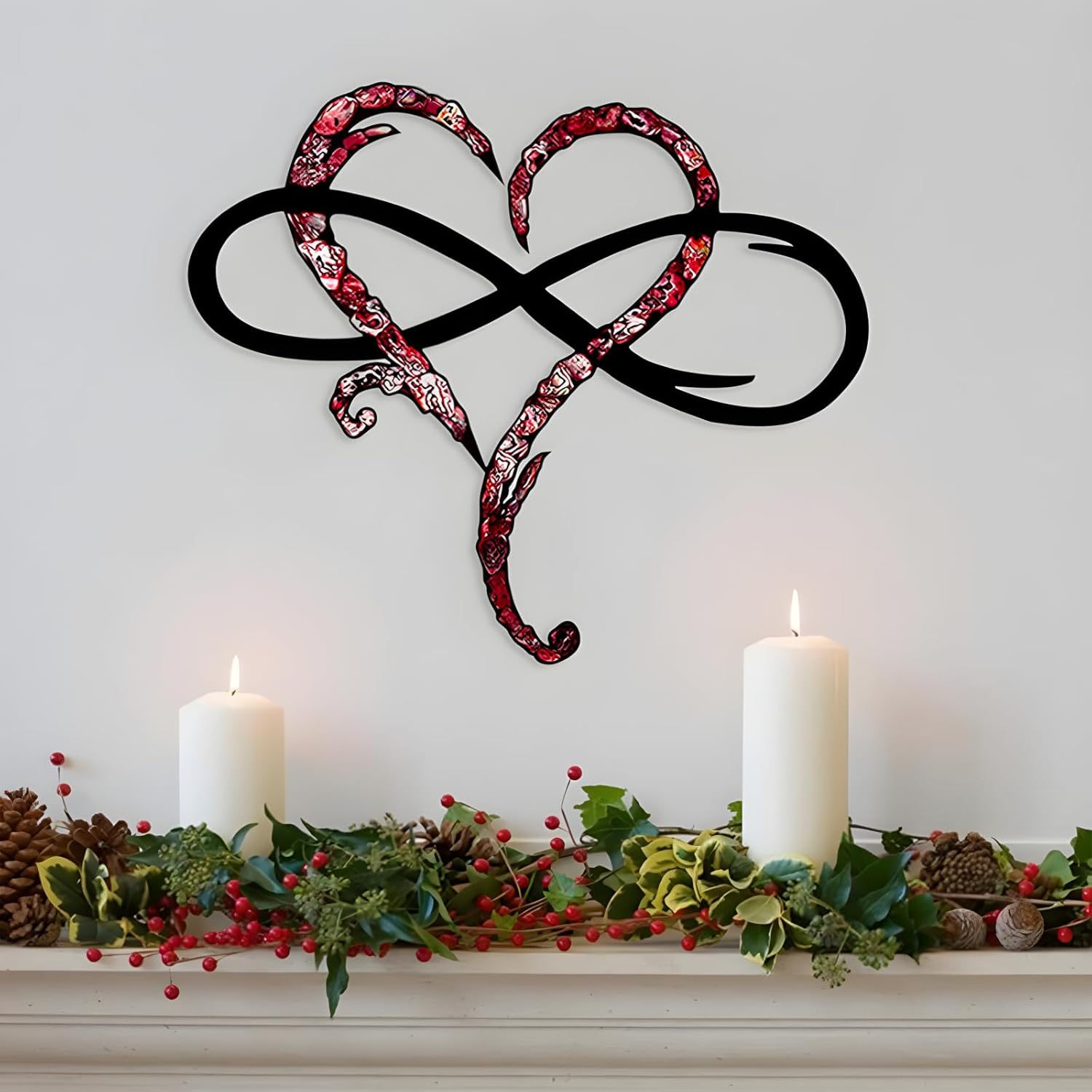 Infinity Heart Wall Decor, Unique Infinity Heart Metal Wall Art Decor Love Sign Steel Wall Plaques Bedroom Ornaments for Home Wedding Decor, Room Living Room Decoration (Red Black, 23.6x20.6inch)