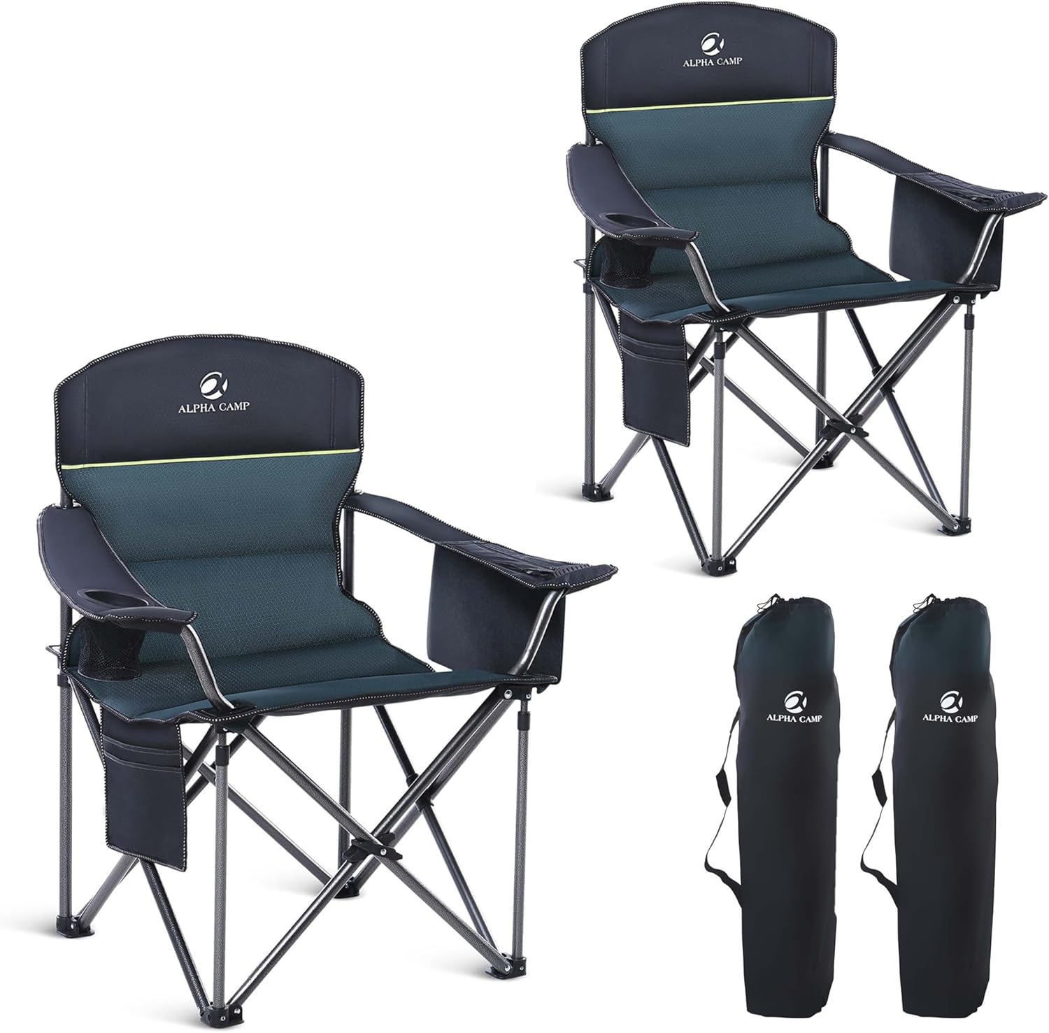 LET'S CAMP Folding Camping Chair Oversized Heavy Duty Padded Outdoor Chair with Cup Holder Storage and Cooler Bag, 450 LBS Weight Capacity, Thicken 600D Oxford,2 Pack