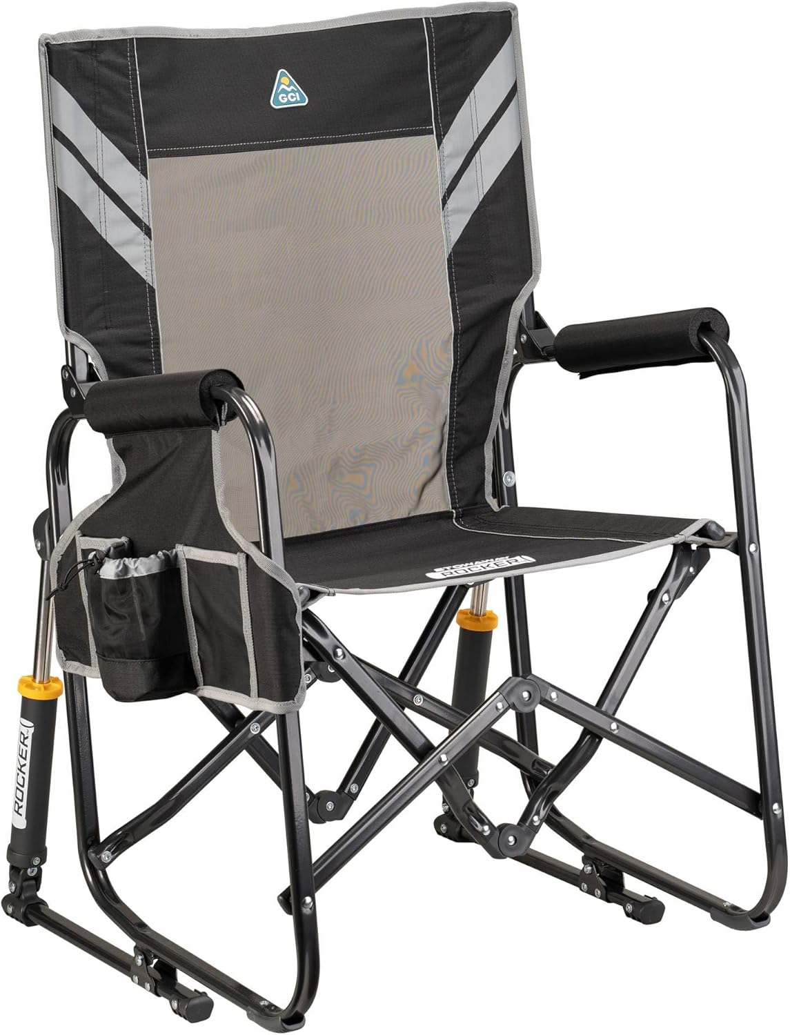 GCI Outdoor Freestyle Rocker XL with Side Table Camping Chair | Portable Folding Rocking Chair with Solid, Durable Armrests, Drink Holder & Comfortable Backrest — Black