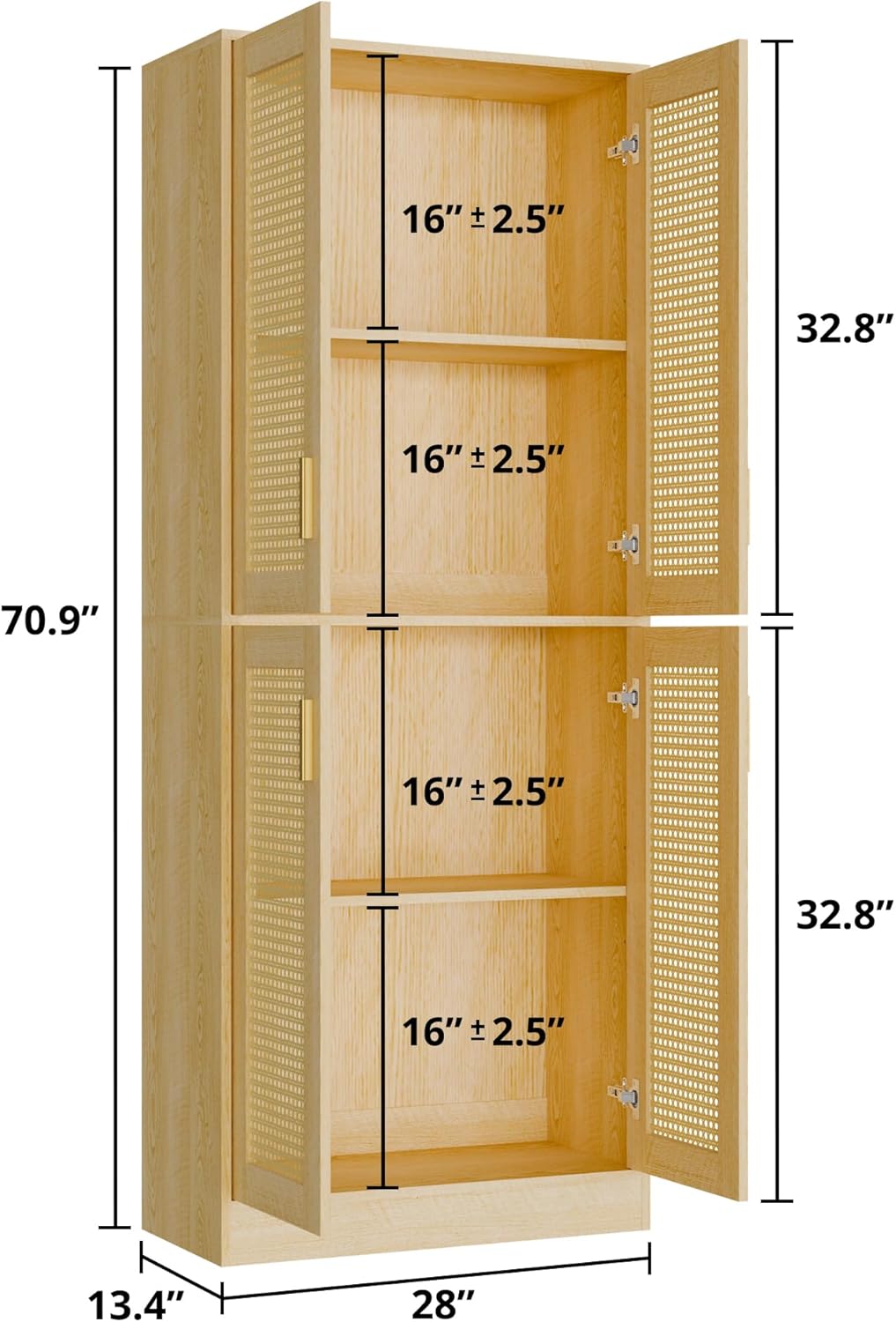 Cozy Castle Kitchen Pantry Cabinet, 71" Tall Rattan Doors Storage Cabinet and Adjustable Shelves, Modern Farmhouse Wood Cupboard Utility Hutch for Kitchen, Dining Room, Living Room (Oak)