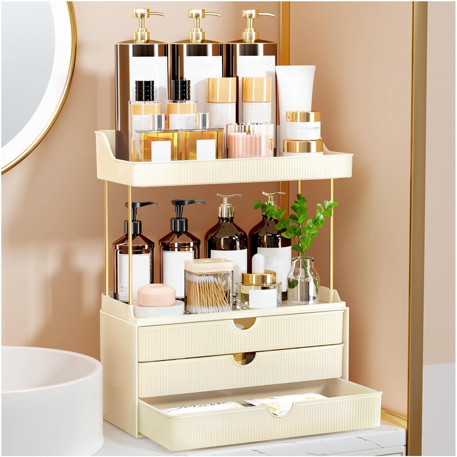 3 Large Drawers Makeup Organizer - 5 Tier Bathroom Counter Organizers and Storage, Versatile Perfume Vanity Organizer, Ideal for Cosmetic, Large Skincare, Face Mask, Office Supplies, Amber