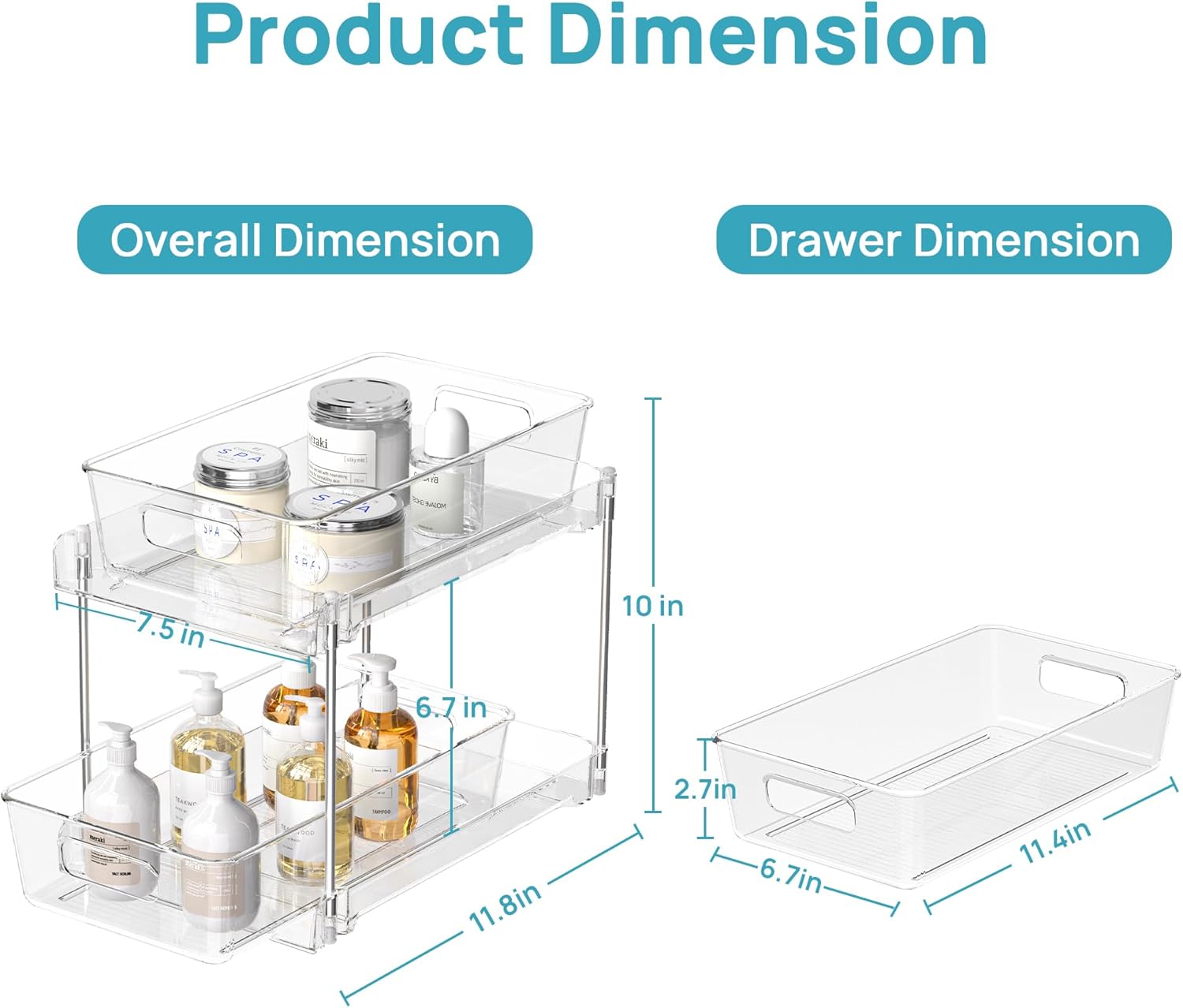 Vtopmart 4 Pack Bathroom Organizer, 2 Tier Clear Under Sink Organizers Vanity Countertop Storage Container,Cabinet Drawers Bins, Pull-Out Organization with Track for Pantry, Kitchen