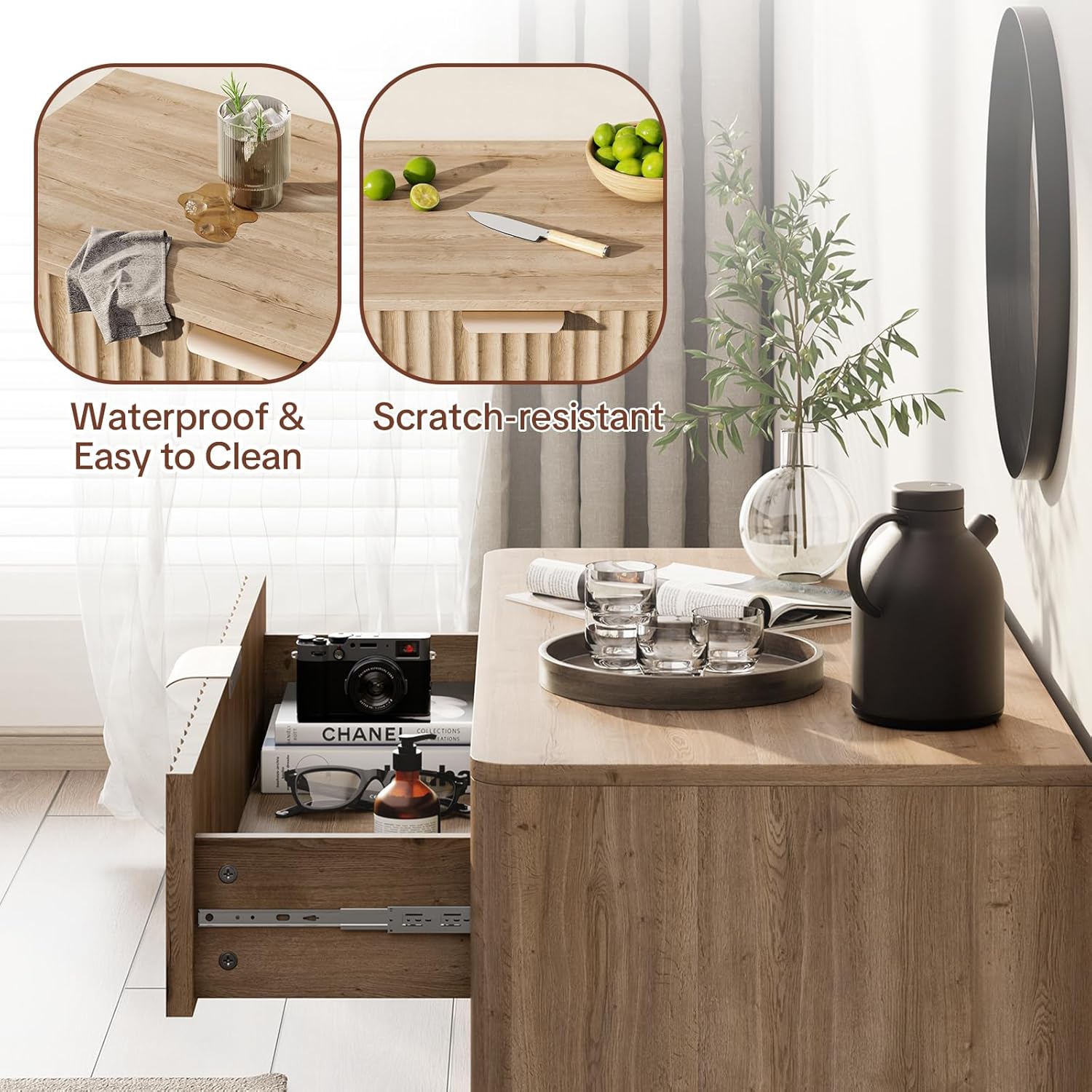 Sideboard Buffet Cabinet with Storage - Modern Fluted Credenza with Doors & Drawer, Accent Cabinet Coffee Table Bar Counter Bookcase for Living Room Kitchen Dining Room Entryway 31" H Oak