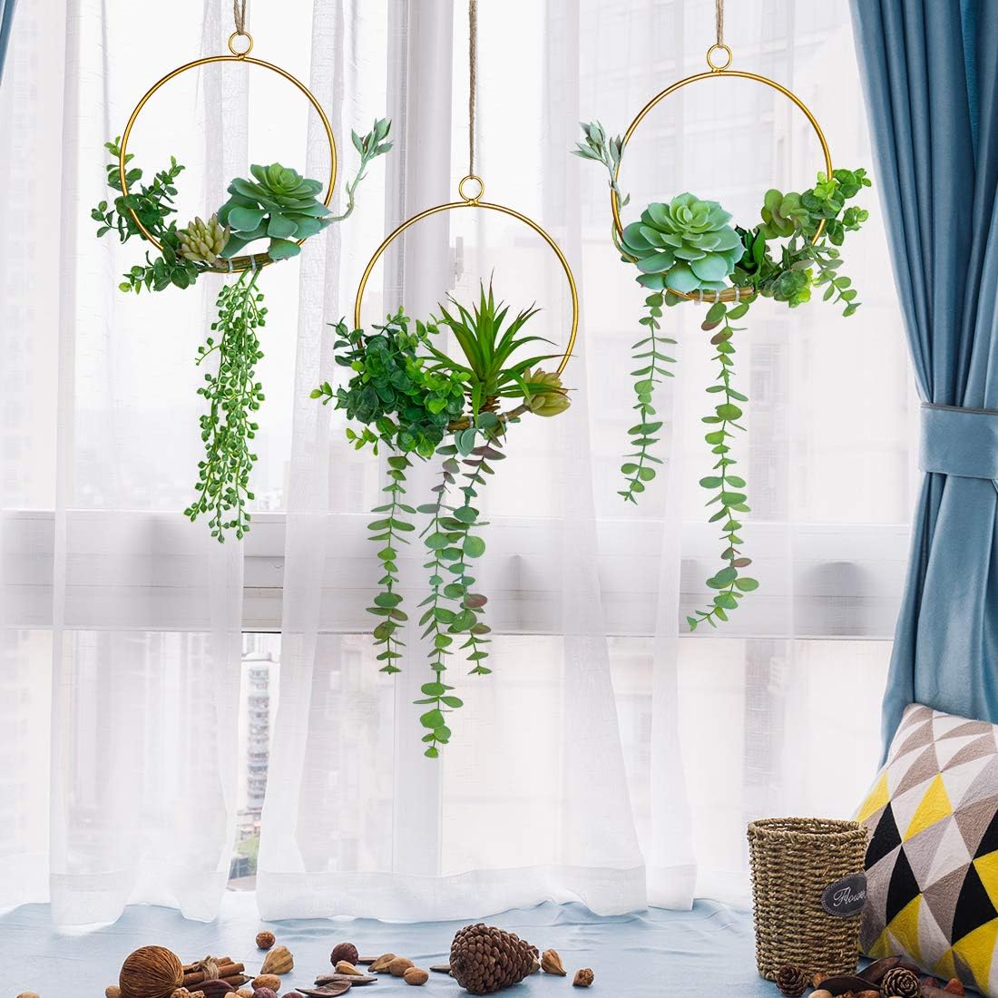 SWTHONY Artificial Succulents Wreath Set of 3 Hanging Gold Geometric Garland Greenery Wall Decor Backdrop