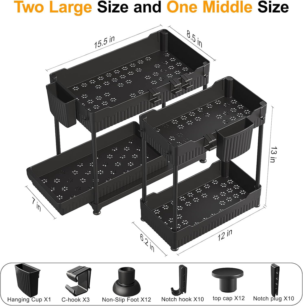 3 Pack Under Sink Organizers, 2-Tier Multi-Use Kitchen and Bathroom Organizers and Storage with Sliding Drawers，Bathroom Cabinet Organizer (Black, 12.8 Inch)
