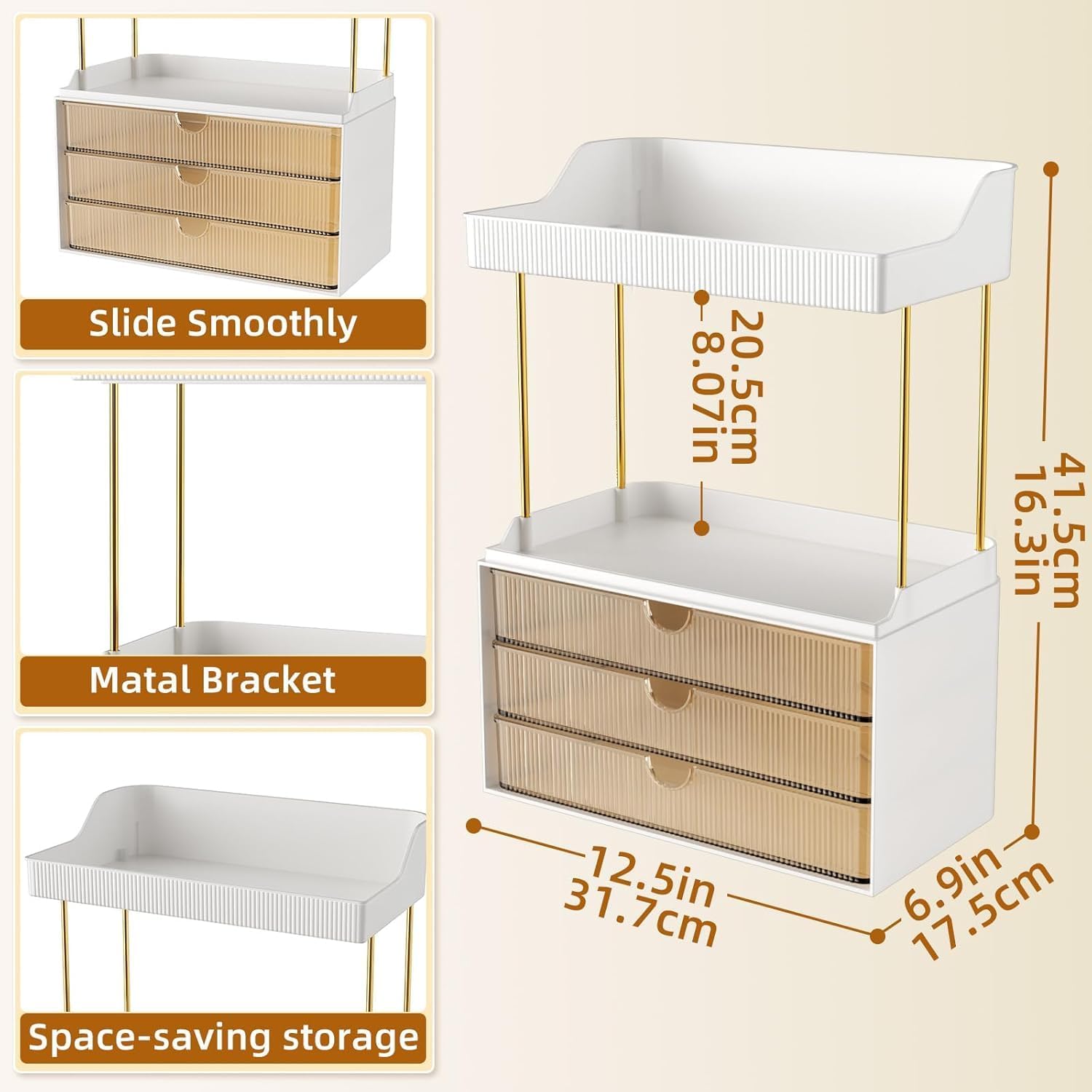 3 Large Drawers Makeup Organizer - 5 Tier Bathroom Counter Organizers and Storage, Versatile Perfume Vanity Organizer, Ideal for Cosmetic, Large Skincare, Face Mask, Office Supplies, Amber
