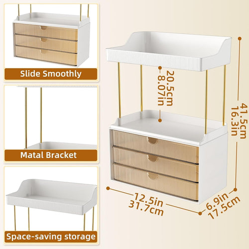 3 Large Drawers Makeup Organizer - 5 Tier Bathroom Counter Organizers and Storage, Versatile Perfume Vanity Organizer, Ideal for Cosmetic, Large Skincare, Face Mask, Office Supplies, Amber