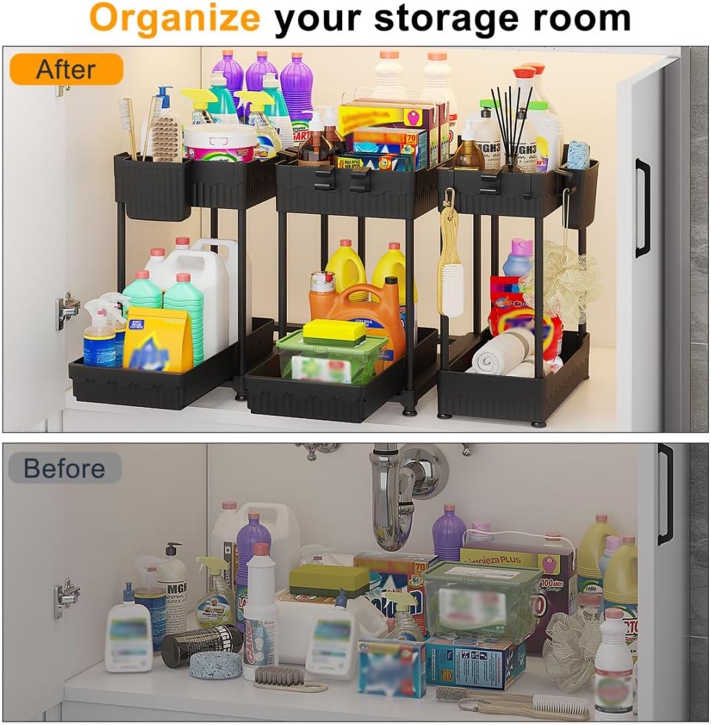 3 Pack Under Sink Organizers, 2-Tier Multi-Use Kitchen and Bathroom Organizers and Storage with Sliding Drawers，Bathroom Cabinet Organizer (Black, 12.8 Inch)