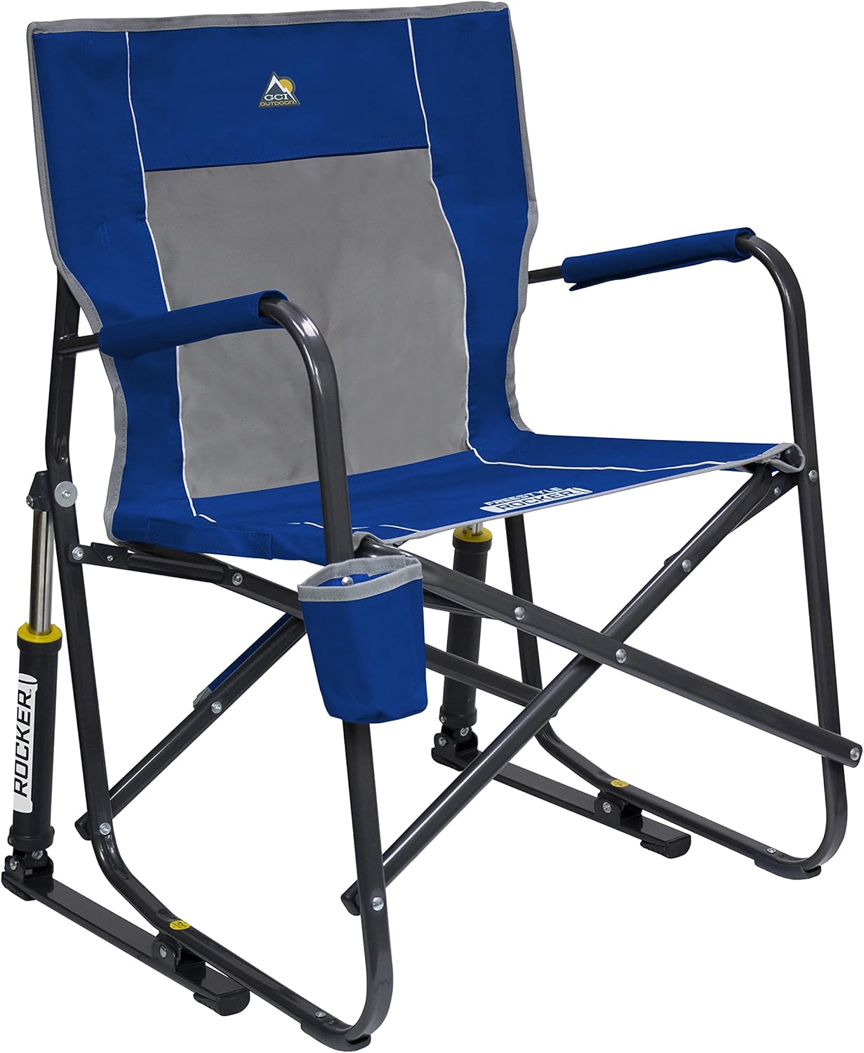 GCI OUTDOOR Freestyle Rocker with Side Table Camping Chair | Portable Folding Rocking Chair with Solid, Durable Armrests, Drink Holder & Comfortable Backrest — Heathered Indigo