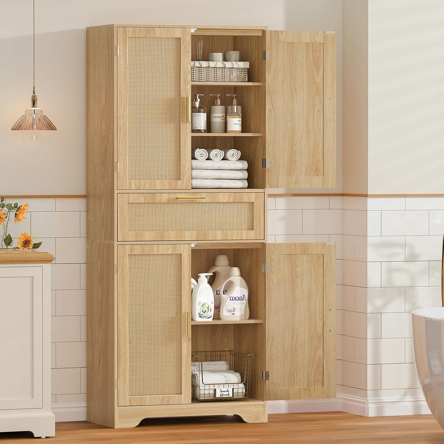 Iwell Tall Storage Cabinet with 2 Adjustable Shelves & Large Drawer, Rattan Cabinet with 4 Doors, Pantry Cabinets for Dining Room, Living Room, Home Office, Natural