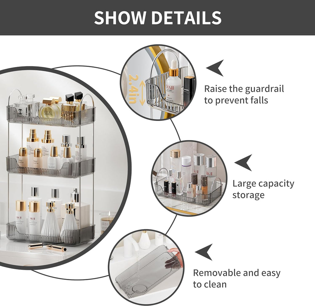 3 Tier Bathroom Organizer Countertop Makeup Perfume Tray Skincare Organizer for Bathroom Dresser Vanity (Grey)