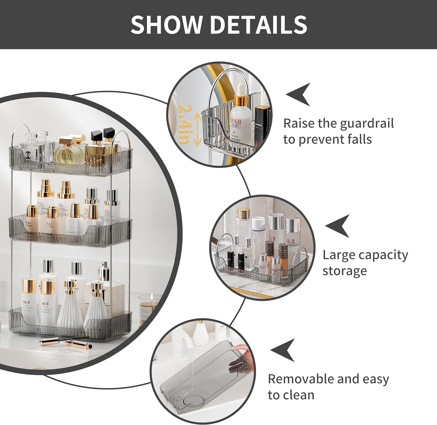 3 Tier Bathroom Organizer Countertop Makeup Perfume Tray Skincare Organizer for Bathroom Dresser Vanity (Grey)