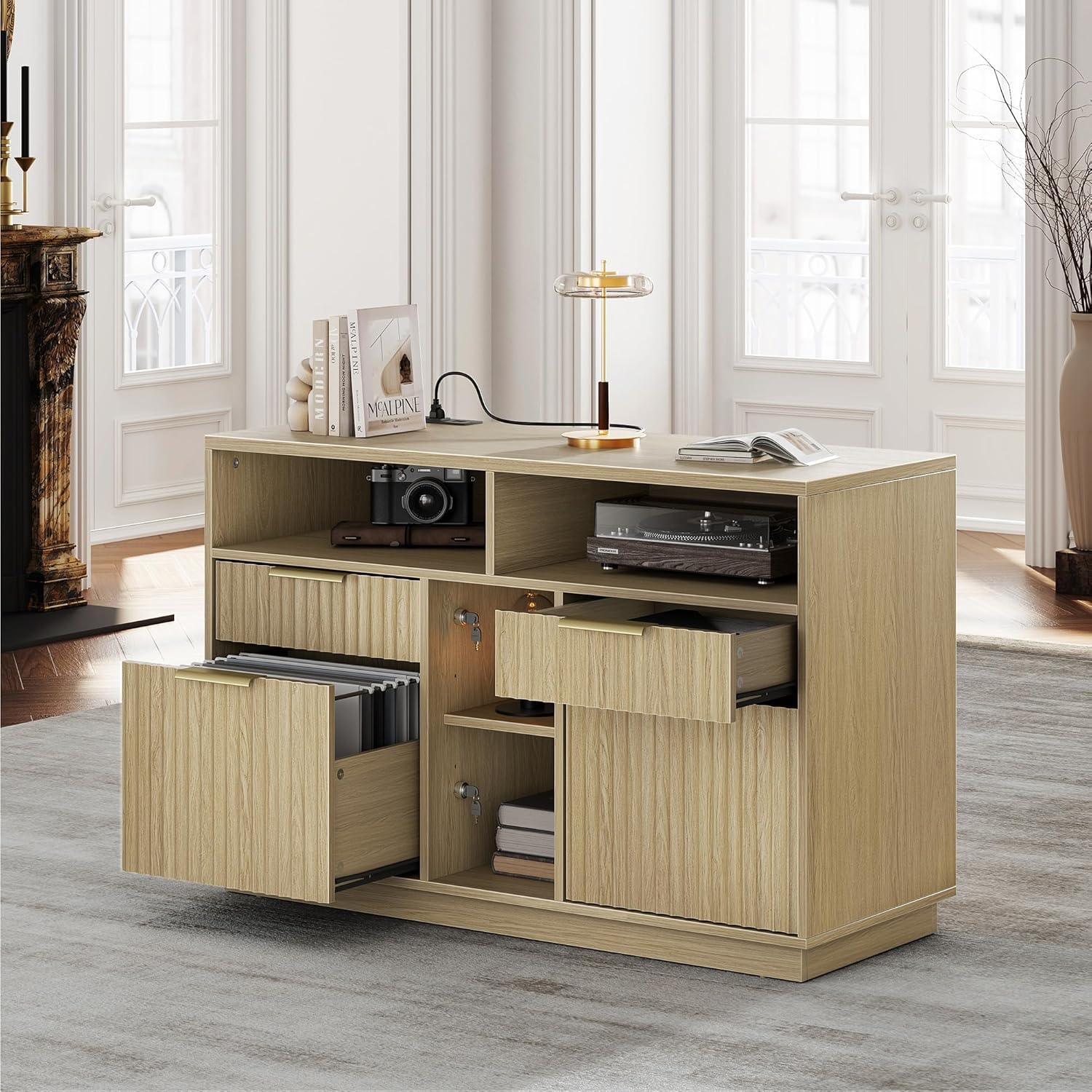 4 Drawer File Cabinet, Fluted Wood Lateral Filing Cabinet with Lock and Charging Station for Home Office, Printer Stand with Open Storage Shelves, Fits A4, Letter Size, Black Waulnut