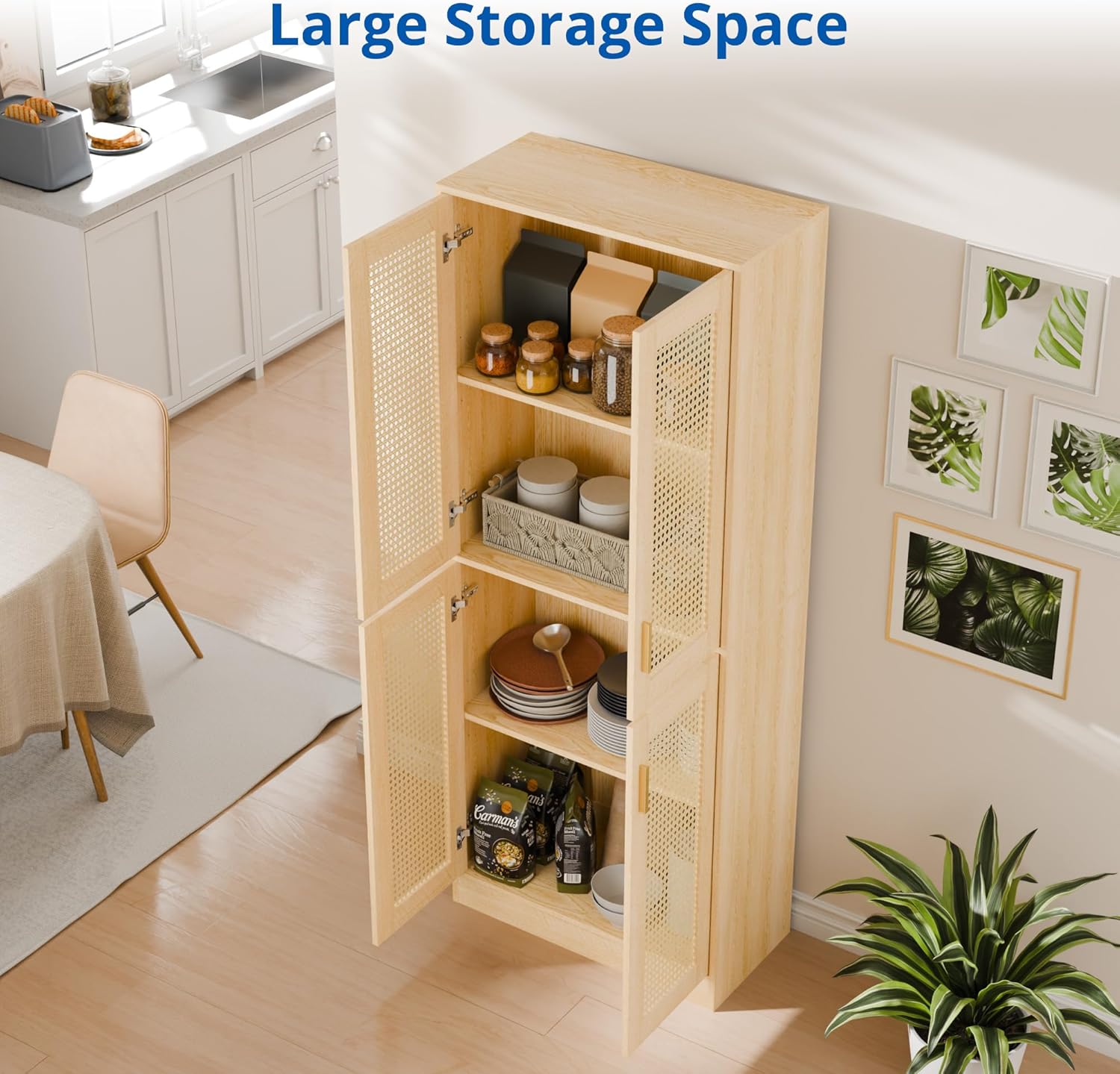 Cozy Castle Kitchen Pantry Cabinet, 71" Tall Rattan Doors Storage Cabinet and Adjustable Shelves, Modern Farmhouse Wood Cupboard Utility Hutch for Kitchen, Dining Room, Living Room (Oak)