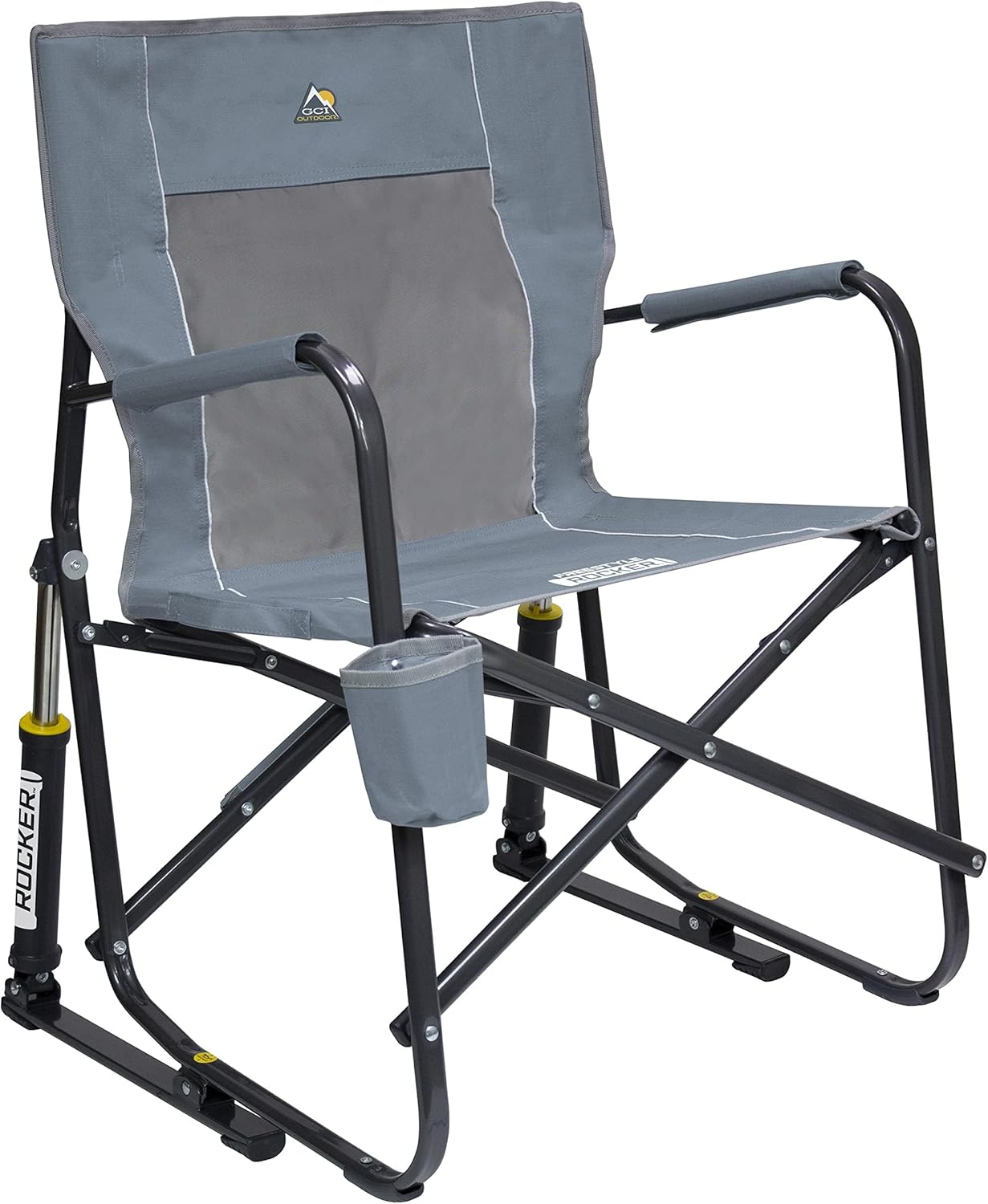 GCI OUTDOOR Freestyle Rocker with Side Table Camping Chair | Portable Folding Rocking Chair with Solid, Durable Armrests, Drink Holder & Comfortable Backrest — Heathered Indigo