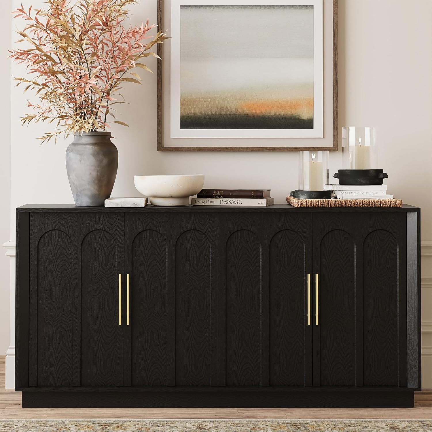 Sideboard Buffet Cabinet with Storage, Modern Accent Cabinet with Arched Doors, Boho Modular Media Console, 67" Large Minimalist Credenza for Living Room Kitchen Dining Room Entryway, Oak