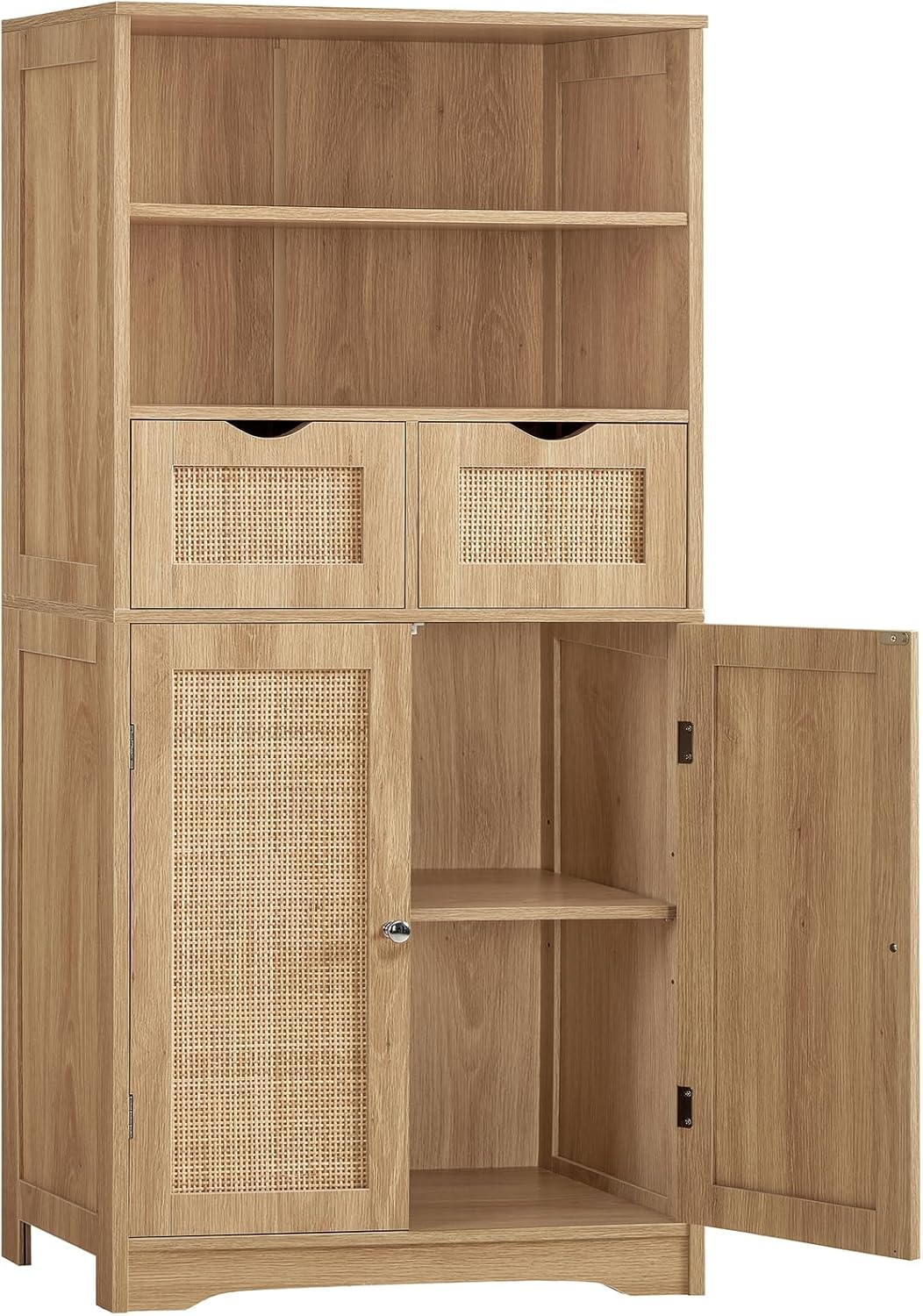 Iwell Tall Storage Cabinet with 2 Adjustable Shelves & Large Drawer, Rattan Cabinet with 4 Doors, Pantry Cabinets for Dining Room, Living Room, Home Office, Natural