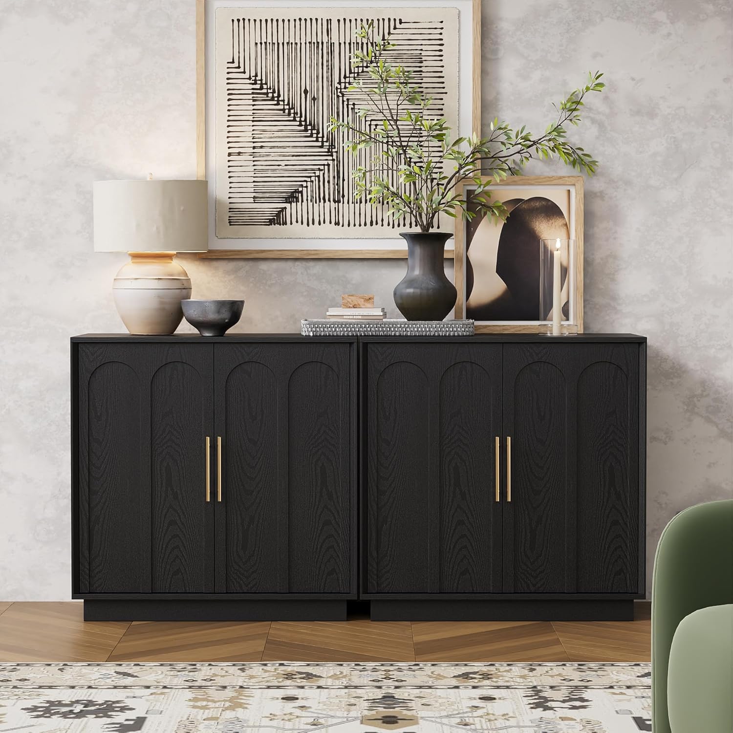 Sideboard Buffet Cabinet with Storage, Modern Accent Cabinet with Arched Doors & Shelf, 31.5" Modular Media Console, Minimalist Credenza for Living Room Kitchen Dining Room Entryway, Black