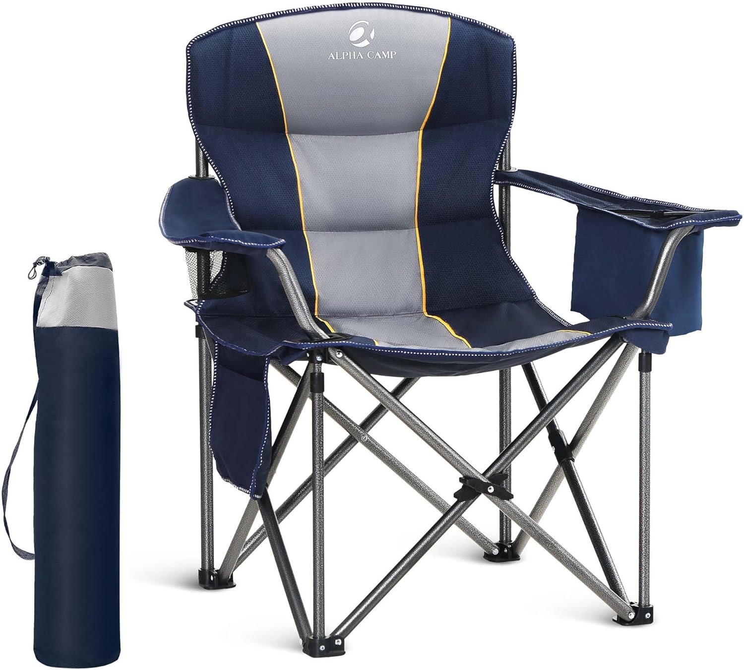 LET'S CAMP Folding Camping Chair Oversized Heavy Duty Padded Outdoor Chair with Cup Holder Storage and Cooler Bag, 450 LBS Weight Capacity, Thicken 600D Oxford,2 Pack