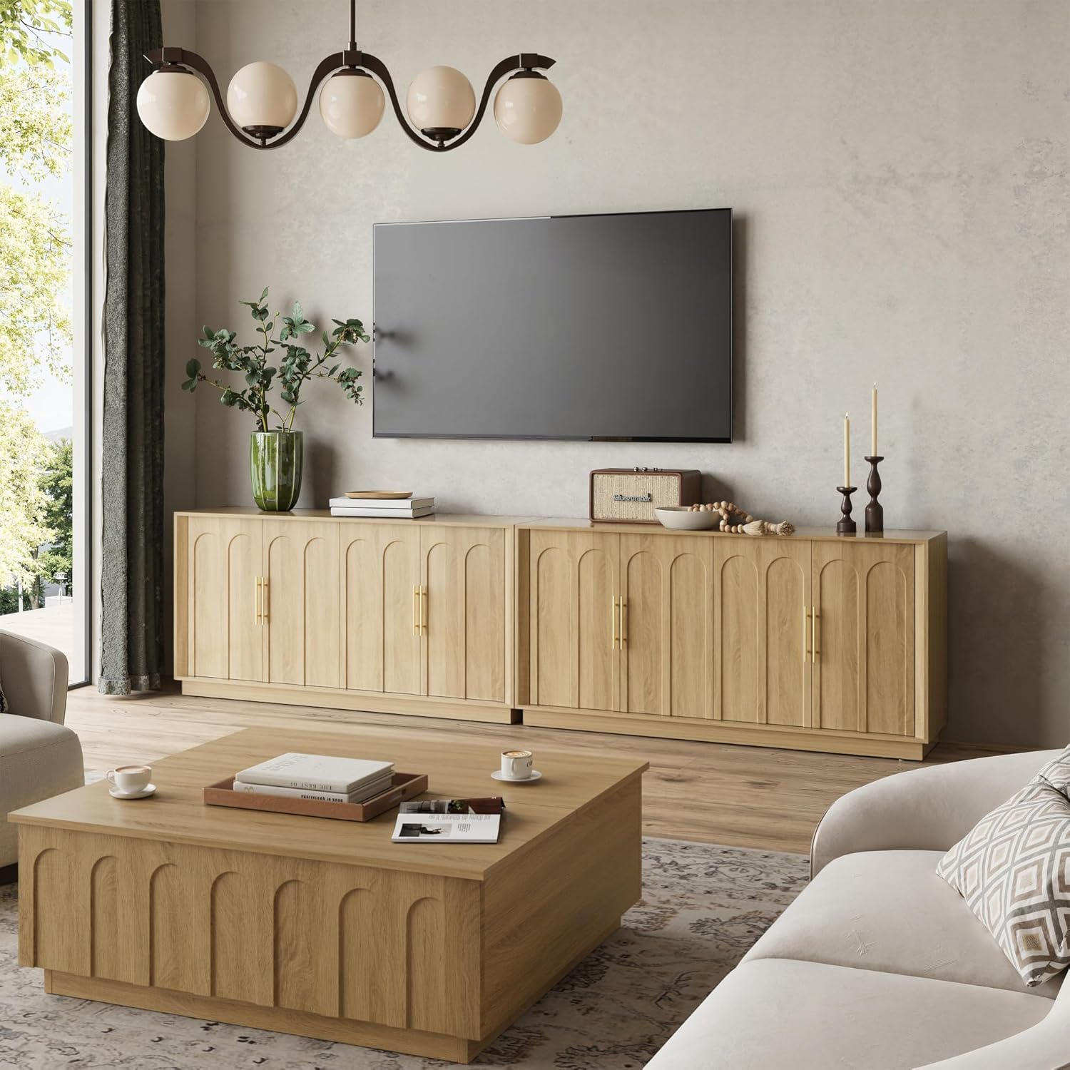 Sideboard Buffet Cabinet with Storage, Modern Accent Cabinet with Arched Doors, Boho Modular Media Console, 67" Large Minimalist Credenza for Living Room Kitchen Dining Room Entryway, Oak