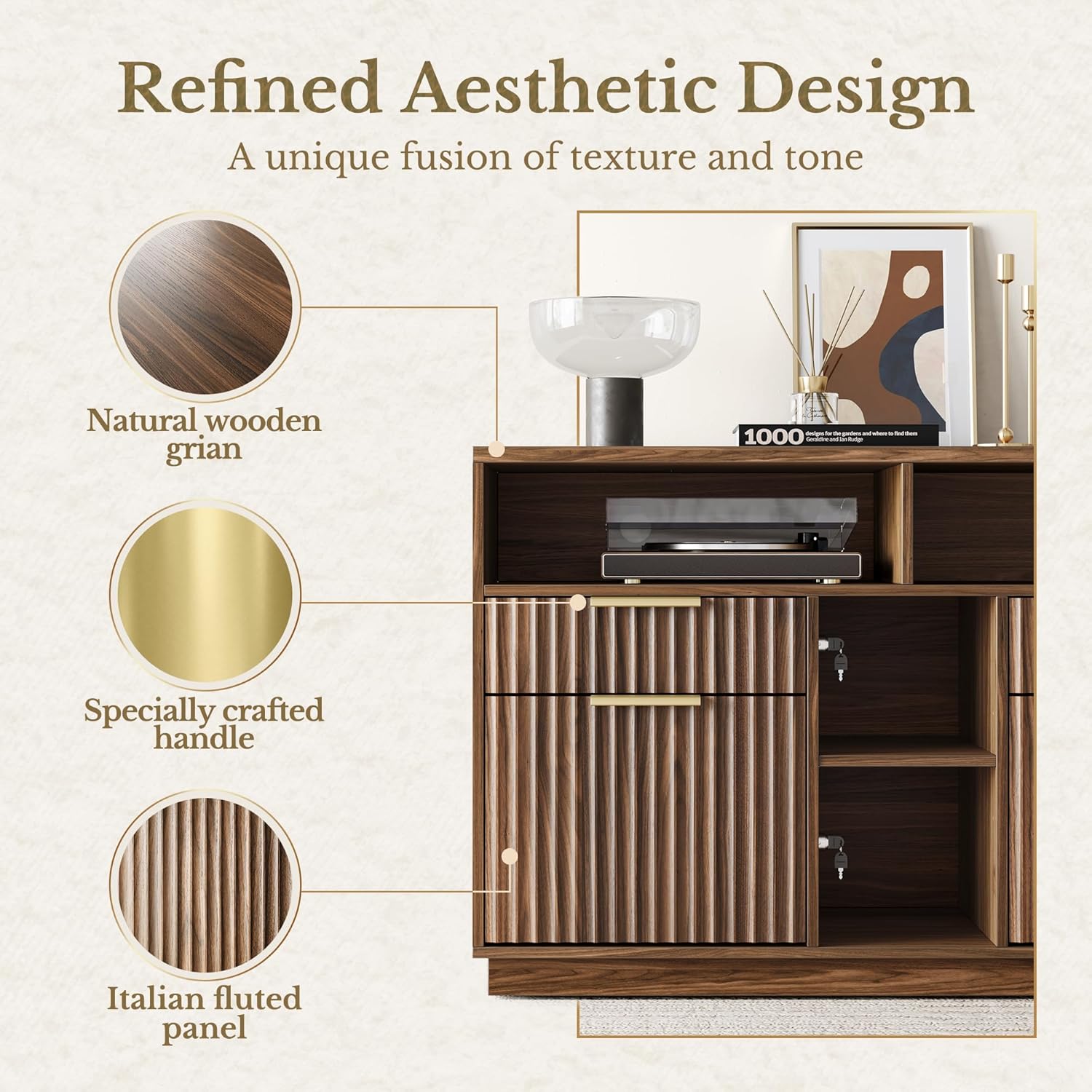 4 Drawer File Cabinet, Fluted Wood Lateral Filing Cabinet with Lock and Charging Station for Home Office, Printer Stand with Open Storage Shelves, Fits A4, Letter Size, Black Waulnut