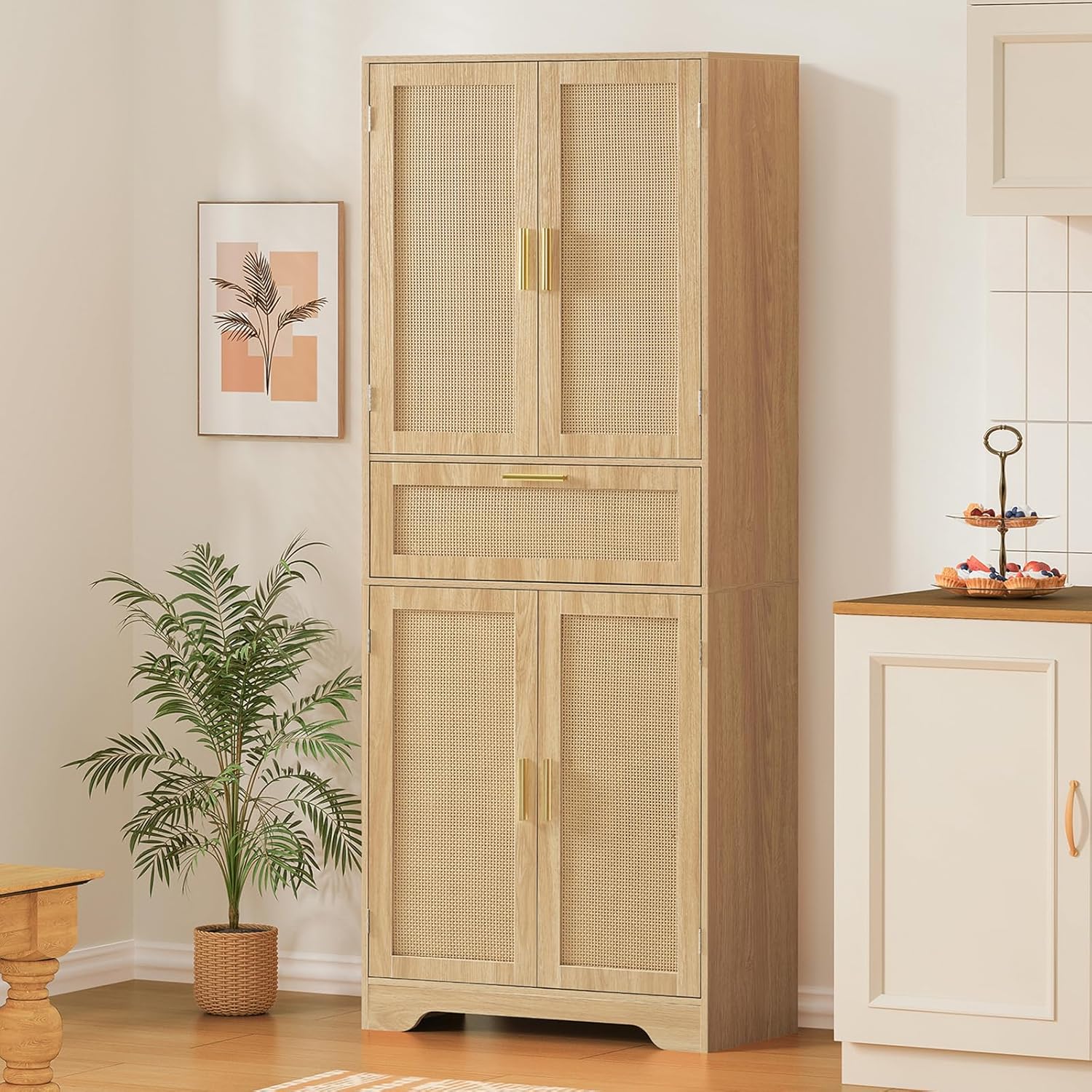 Iwell Tall Storage Cabinet with 2 Adjustable Shelves & Large Drawer, Rattan Cabinet with 4 Doors, Pantry Cabinets for Dining Room, Living Room, Home Office, Natural