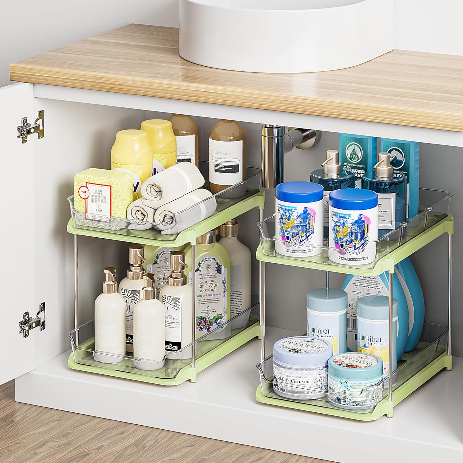 Delamu 2-Tier Multi-Purpose Bathroom Under Sink Organizers and Storage, Stackable Kitchen Pantry Organization, Pull Out Medicine Cabinet Organizer with Movable Dividers, White, 2 Pack