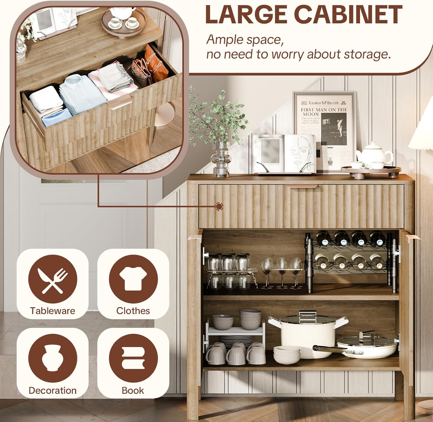 Sideboard Buffet Cabinet with Storage - Modern Fluted Credenza with Doors & Drawer, Accent Cabinet Coffee Table Bar Counter Bookcase for Living Room Kitchen Dining Room Entryway 31" H Oak