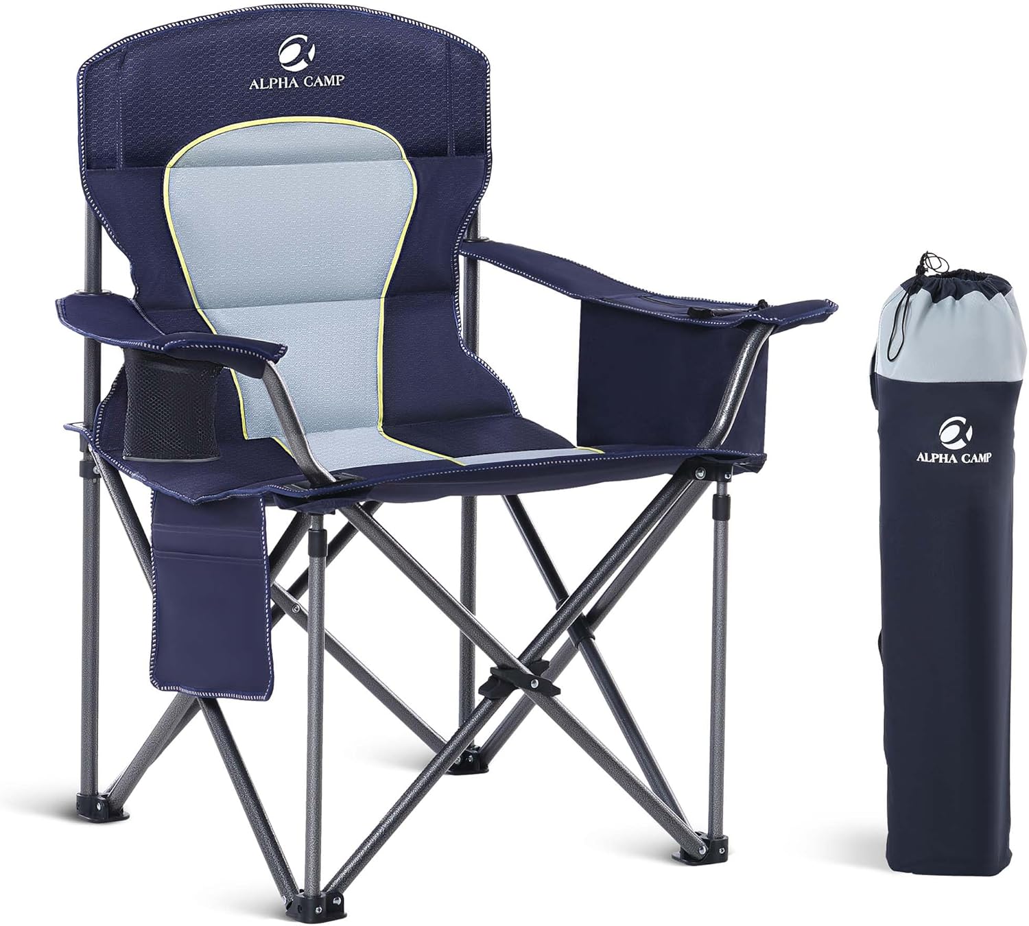 LET'S CAMP Folding Camping Chair Oversized Heavy Duty Padded Outdoor Chair with Cup Holder Storage and Cooler Bag, 450 LBS Weight Capacity, Thicken 600D Oxford,2 Pack