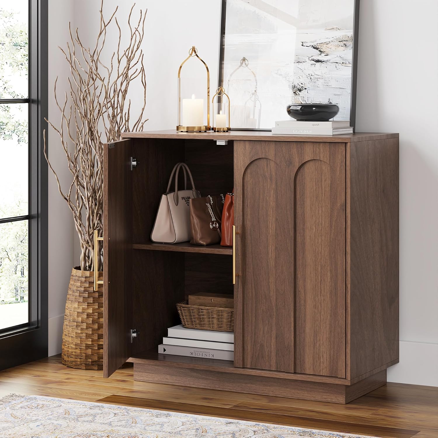 Sideboard Buffet Cabinet with Storage, Mid Century Modern Accent Cabinet with Arched Doors, Modular Media Console, Minimalist Credenza for Living Room Kitchen Dining Room Entryway, Walnut
