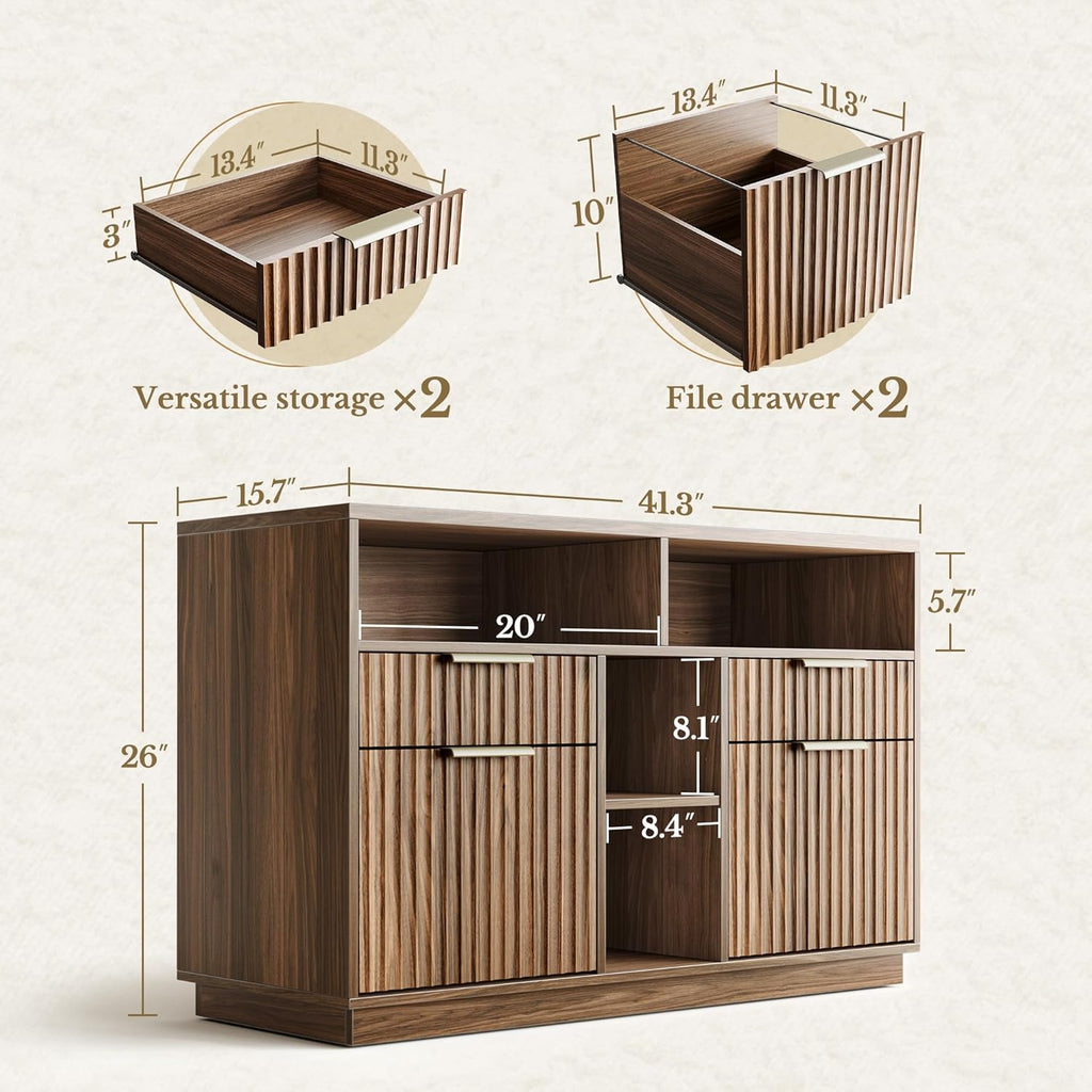 4 Drawer File Cabinet, Fluted Wood Lateral Filing Cabinet with Lock and Charging Station for Home Office, Printer Stand with Open Storage Shelves, Fits A4, Letter Size, Black Waulnut