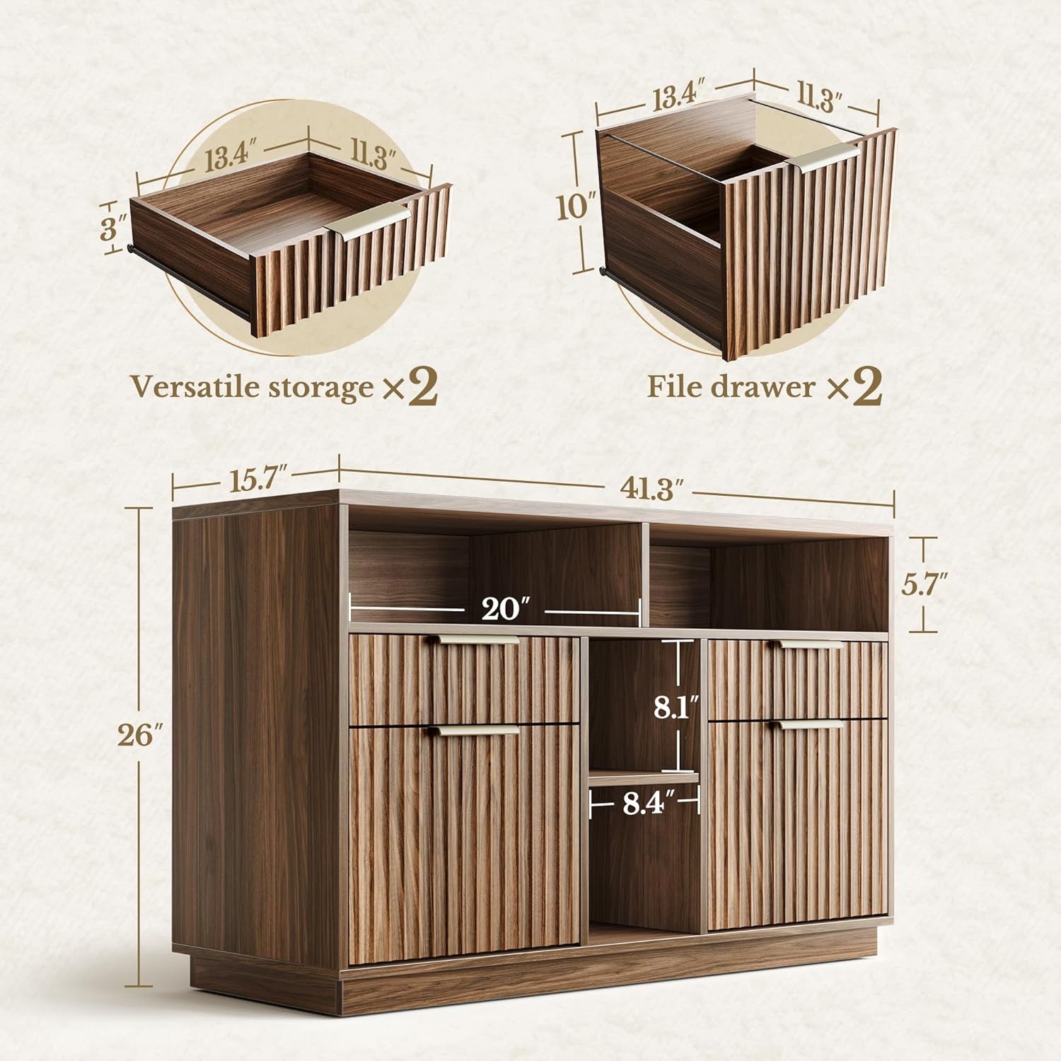 4 Drawer File Cabinet, Fluted Wood Lateral Filing Cabinet with Lock and Charging Station for Home Office, Printer Stand with Open Storage Shelves, Fits A4, Letter Size, Black Waulnut