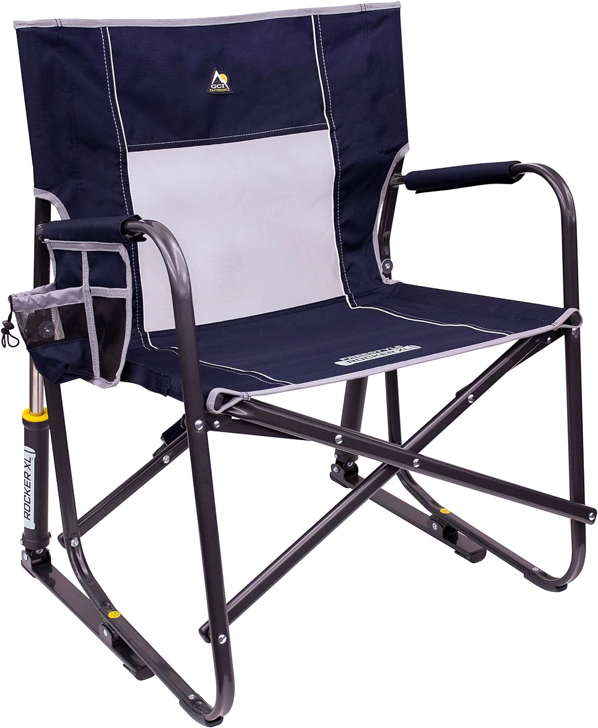 GCI OUTDOOR Freestyle Rocker with Side Table Camping Chair | Portable Folding Rocking Chair with Solid, Durable Armrests, Drink Holder & Comfortable Backrest — Heathered Indigo