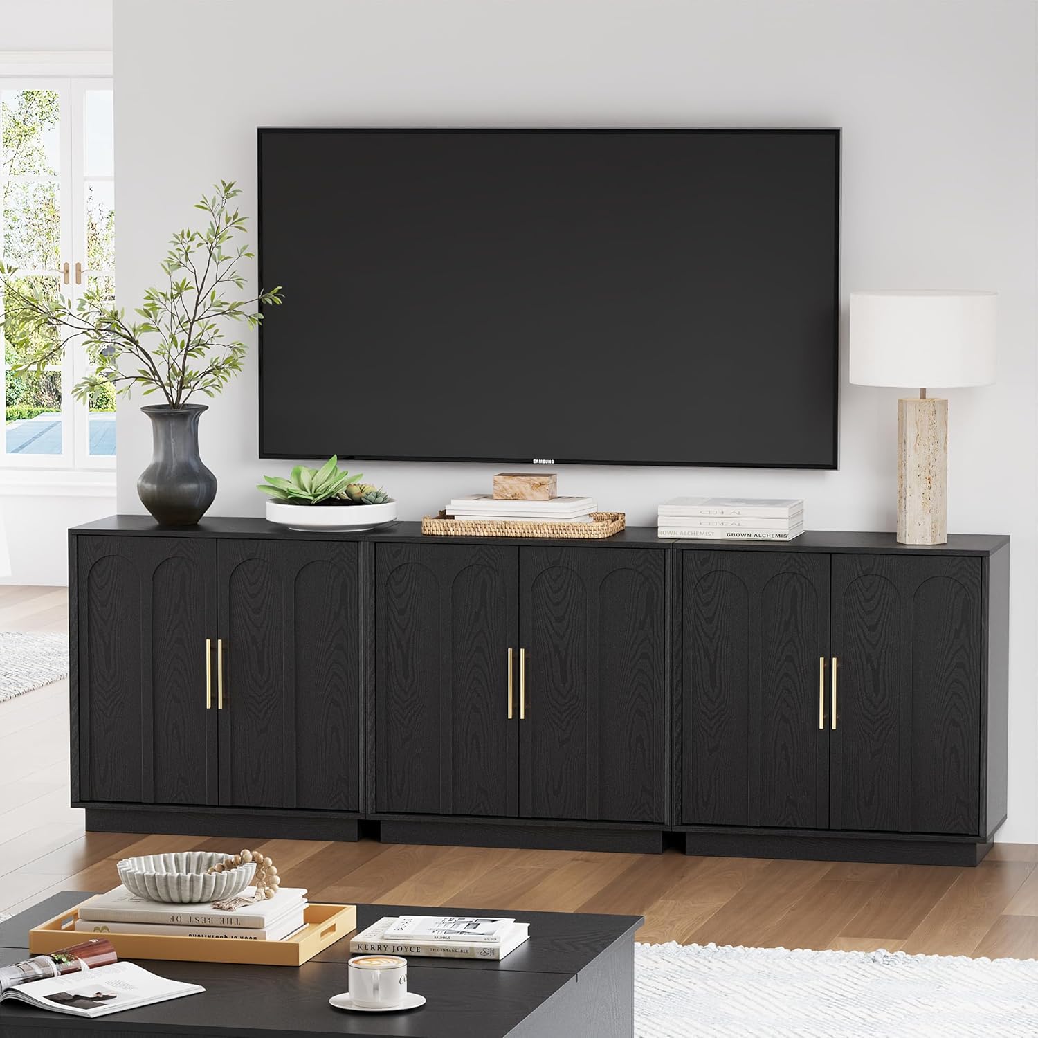 Sideboard Buffet Cabinet with Storage, Modern Accent Cabinet with Arched Doors & Shelf, 31.5" Modular Media Console, Minimalist Credenza for Living Room Kitchen Dining Room Entryway, Black