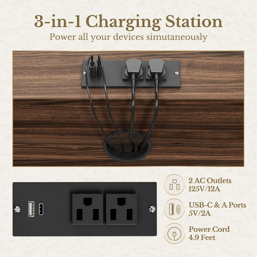 4 Drawer File Cabinet, Fluted Wood Lateral Filing Cabinet with Lock and Charging Station for Home Office, Printer Stand with Open Storage Shelves, Fits A4, Letter Size, Black Waulnut