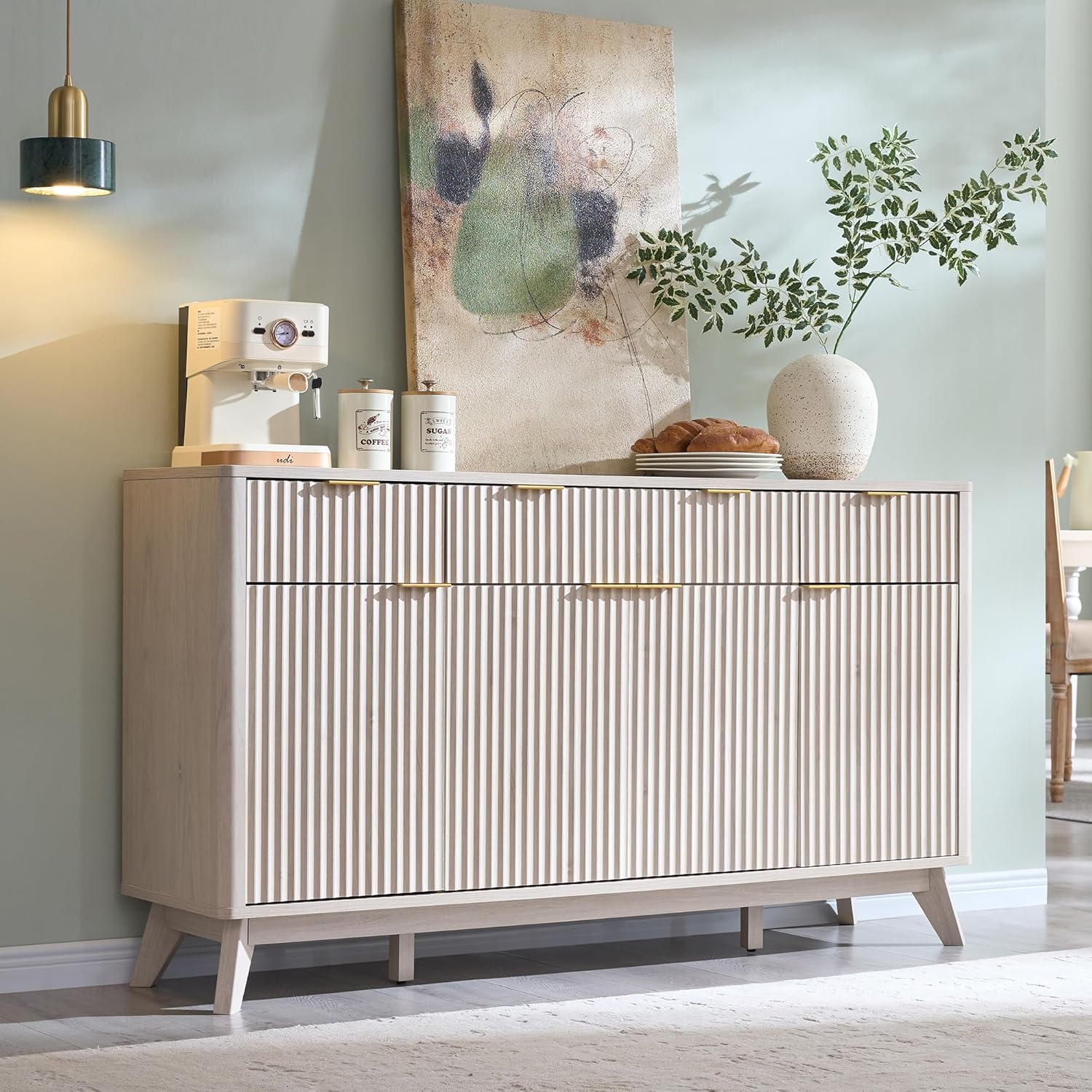 T4TREAM Large Buffet Sideboard Cabinet with Storages, 60" Fluted Modern Buffet Table Coffee Bar Wine Bar Storage Cabinet with 3 Drawers & 4 Doors for Dining Room, Living Room, Hallway(Natural Oak) | with Storages, Coffee Bar, Wine Bar, Storage Cabinet, 3