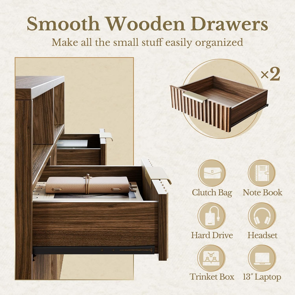 4 Drawer File Cabinet, Fluted Wood Lateral Filing Cabinet with Lock and Charging Station for Home Office, Printer Stand with Open Storage Shelves, Fits A4, Letter Size, Black Waulnut