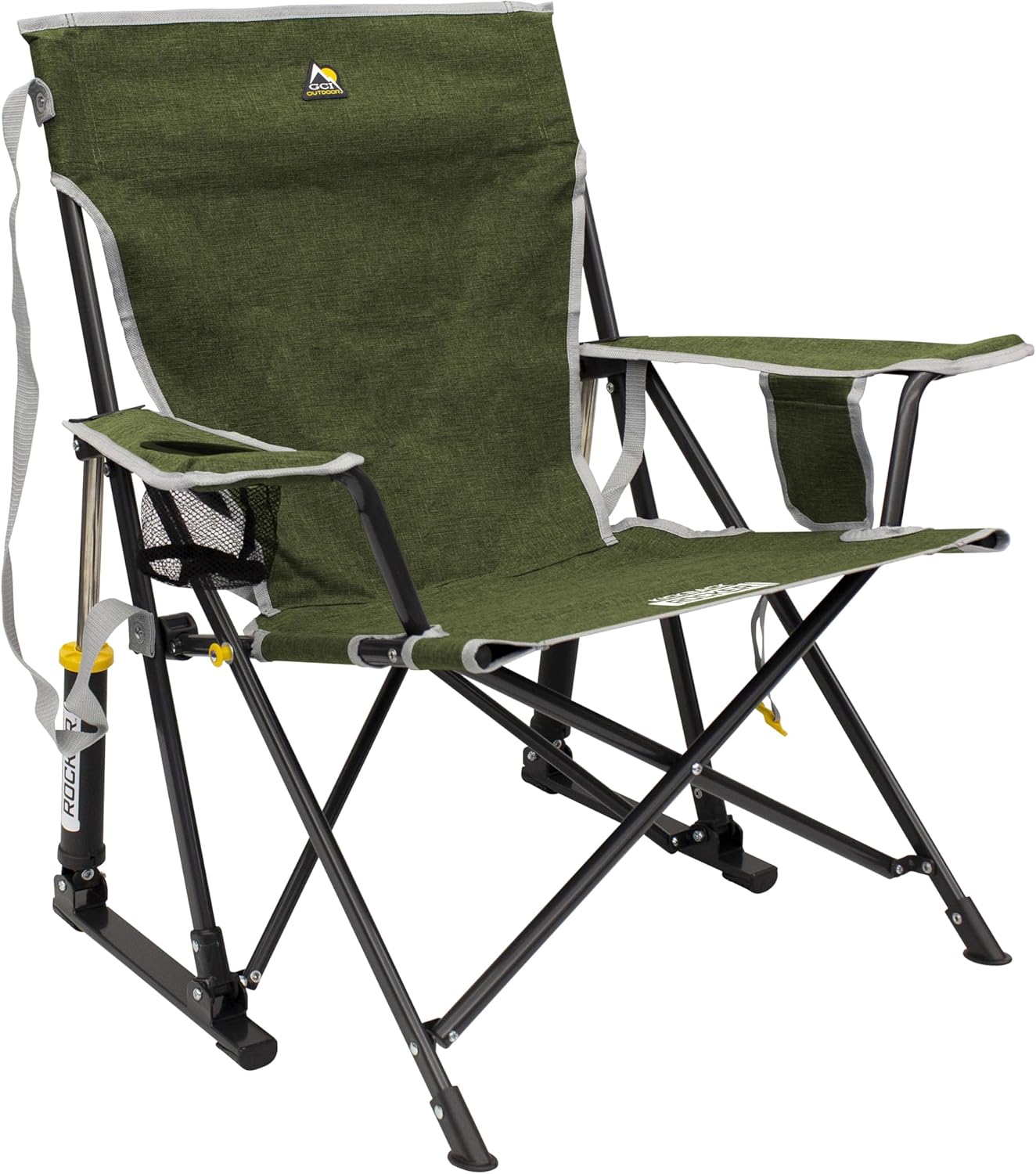 GCI Outdoor Kickback Rocker Camping Chair | Portable Folding Rocking Chair with Durable Armrests, Drink Holder & Relaxed Lowered Seat for Comfort — Loden Green