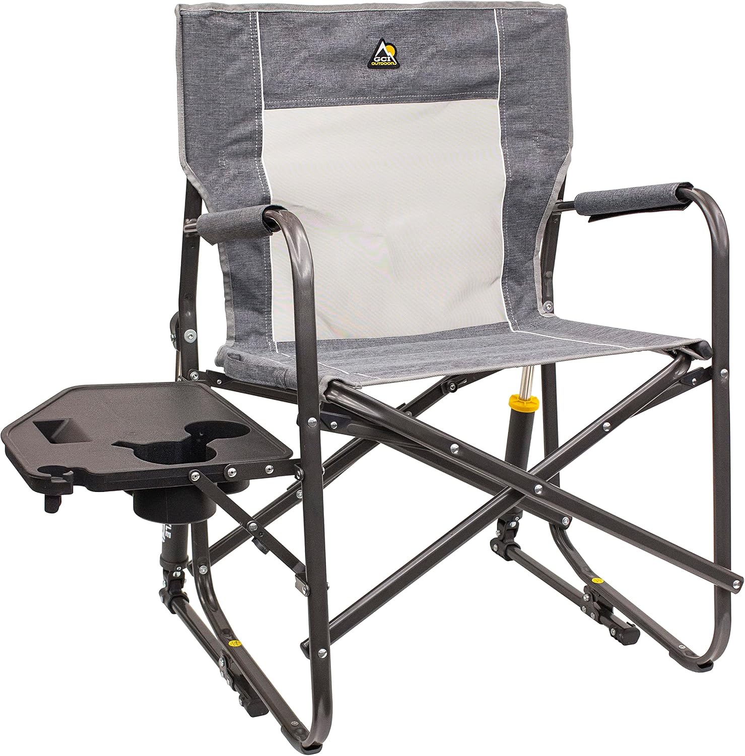 GCI OUTDOOR Freestyle Rocker with Side Table Camping Chair | Portable Folding Rocking Chair with Solid, Durable Armrests, Drink Holder & Comfortable Backrest — Heathered Indigo