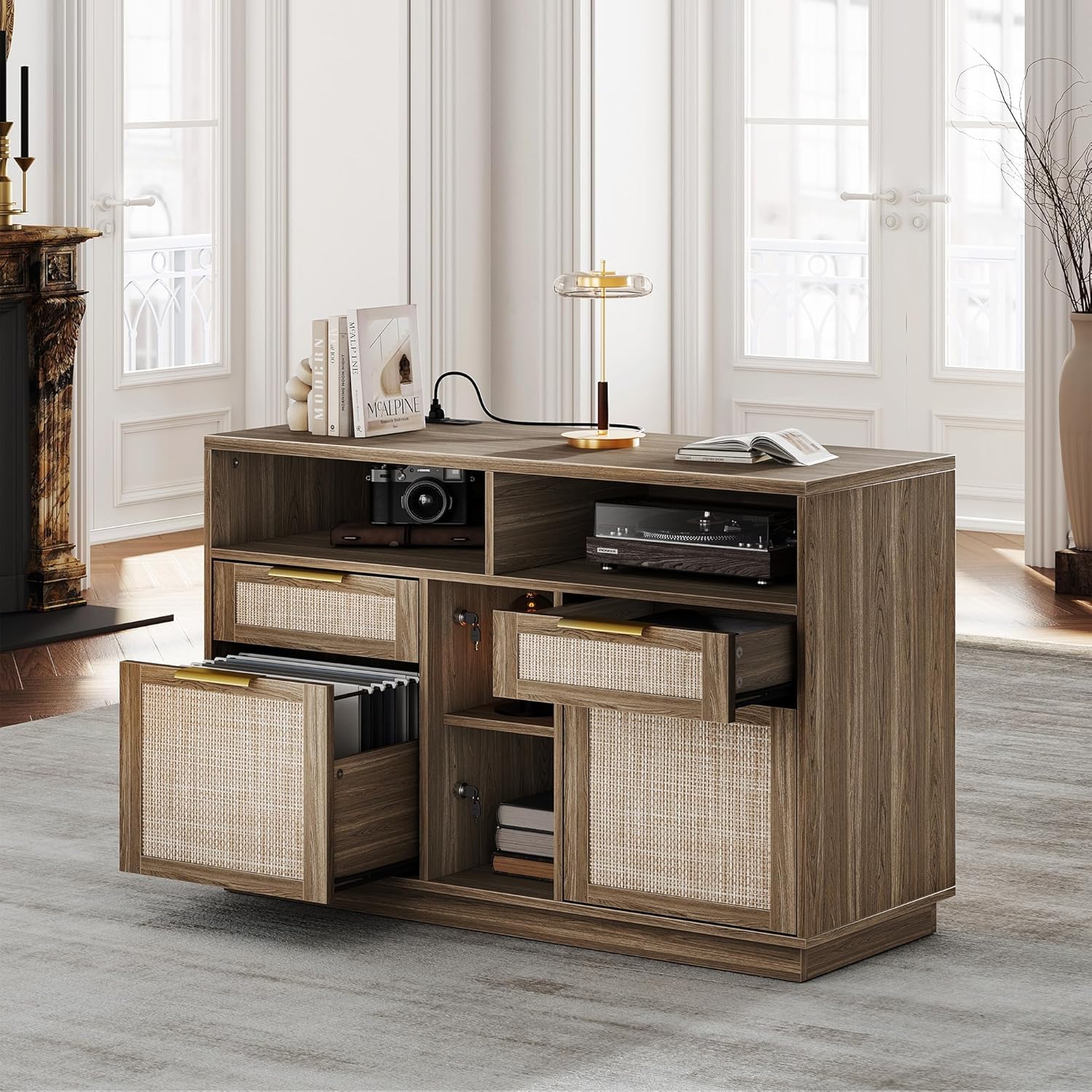 4 Drawer File Cabinet, Fluted Wood Lateral Filing Cabinet with Lock and Charging Station for Home Office, Printer Stand with Open Storage Shelves, Fits A4, Letter Size, Black Waulnut