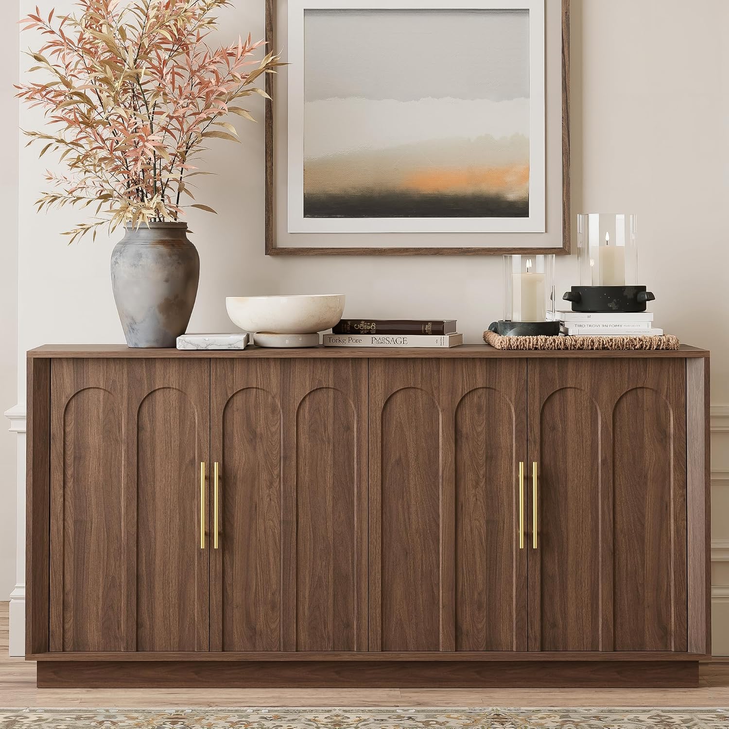 Sideboard Buffet Cabinet with Storage, Modern Accent Cabinet with Arched Doors, Boho Modular Media Console, 67" Large Minimalist Credenza for Living Room Kitchen Dining Room Entryway, Oak
